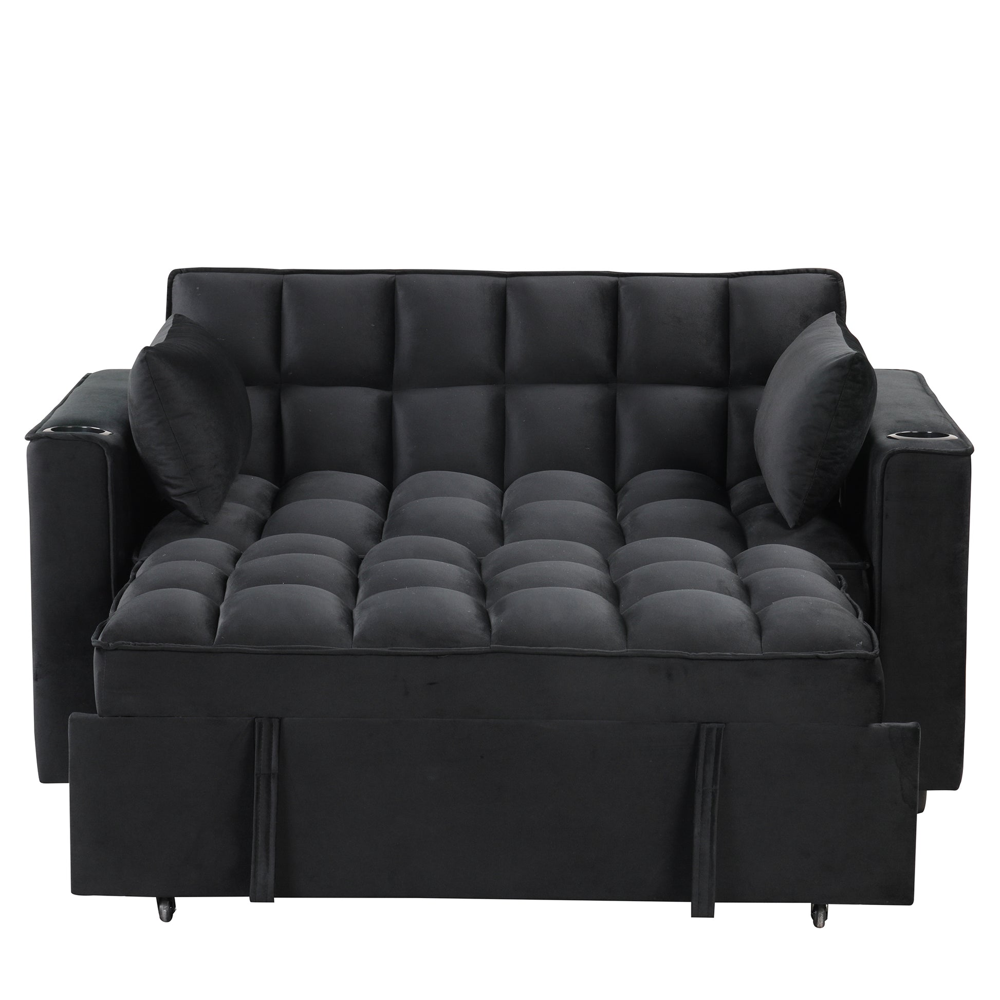 58" 4 1 Multi Functional Sofa Bed With Cup Holder And Usb Port For Living Room Or Apartments Black Black Foam 2 Seat