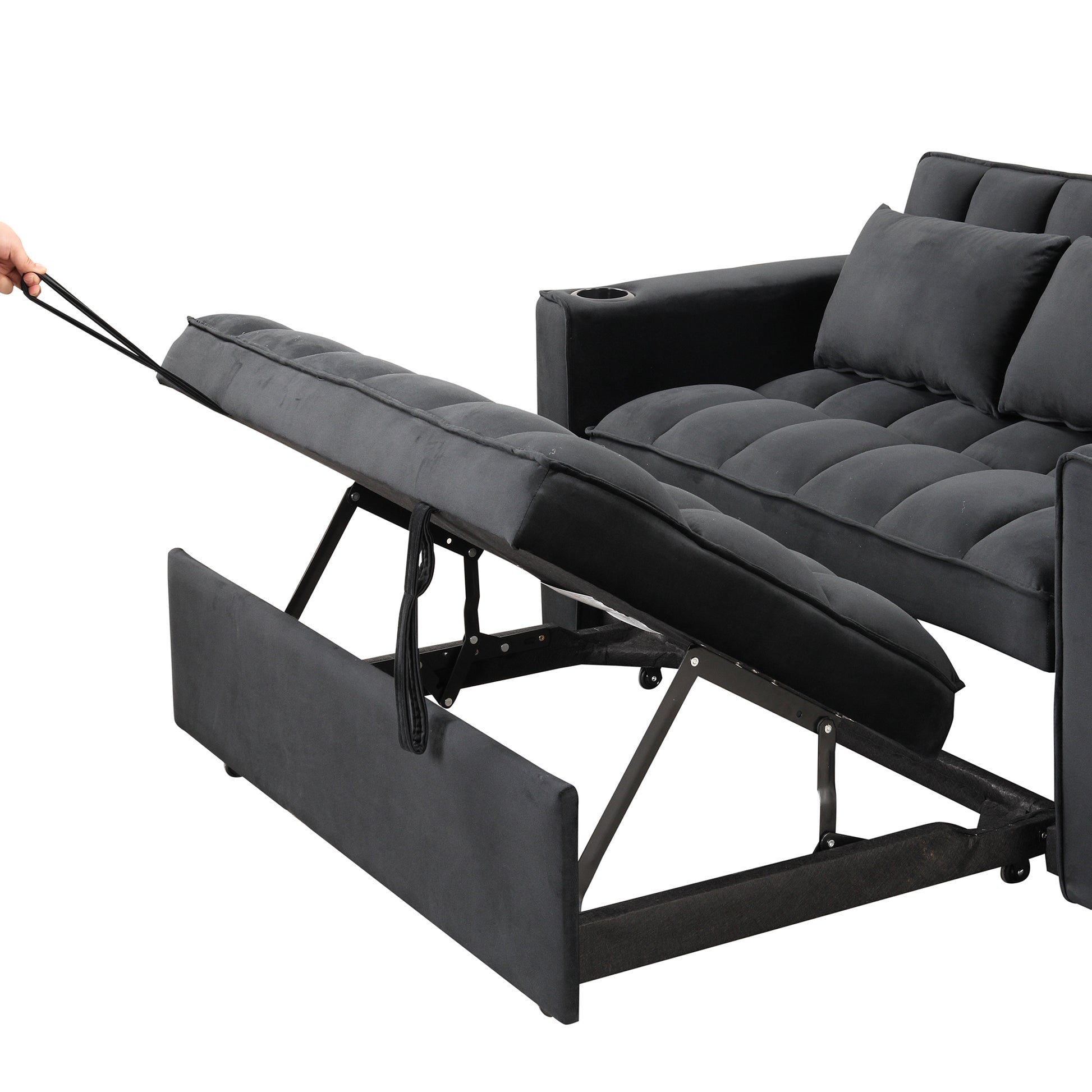 58" 4 1 Multi Functional Sofa Bed With Cup Holder And Usb Port For Living Room Or Apartments Black Black Foam 2 Seat