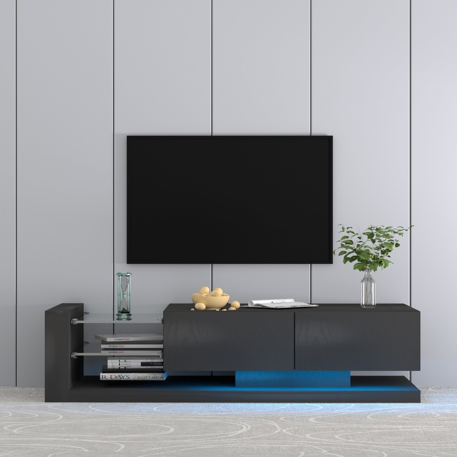 Tv Console With Storage Cabinets, Full Rgb Color 31 Modes Changing Lights Remote Rgb Led Tv Stand, Modern Entertainment Center Black, For 75 Inches Tv Black Primary Living Space 75 Inches Modern 75 Inches Particle Board Particle Board