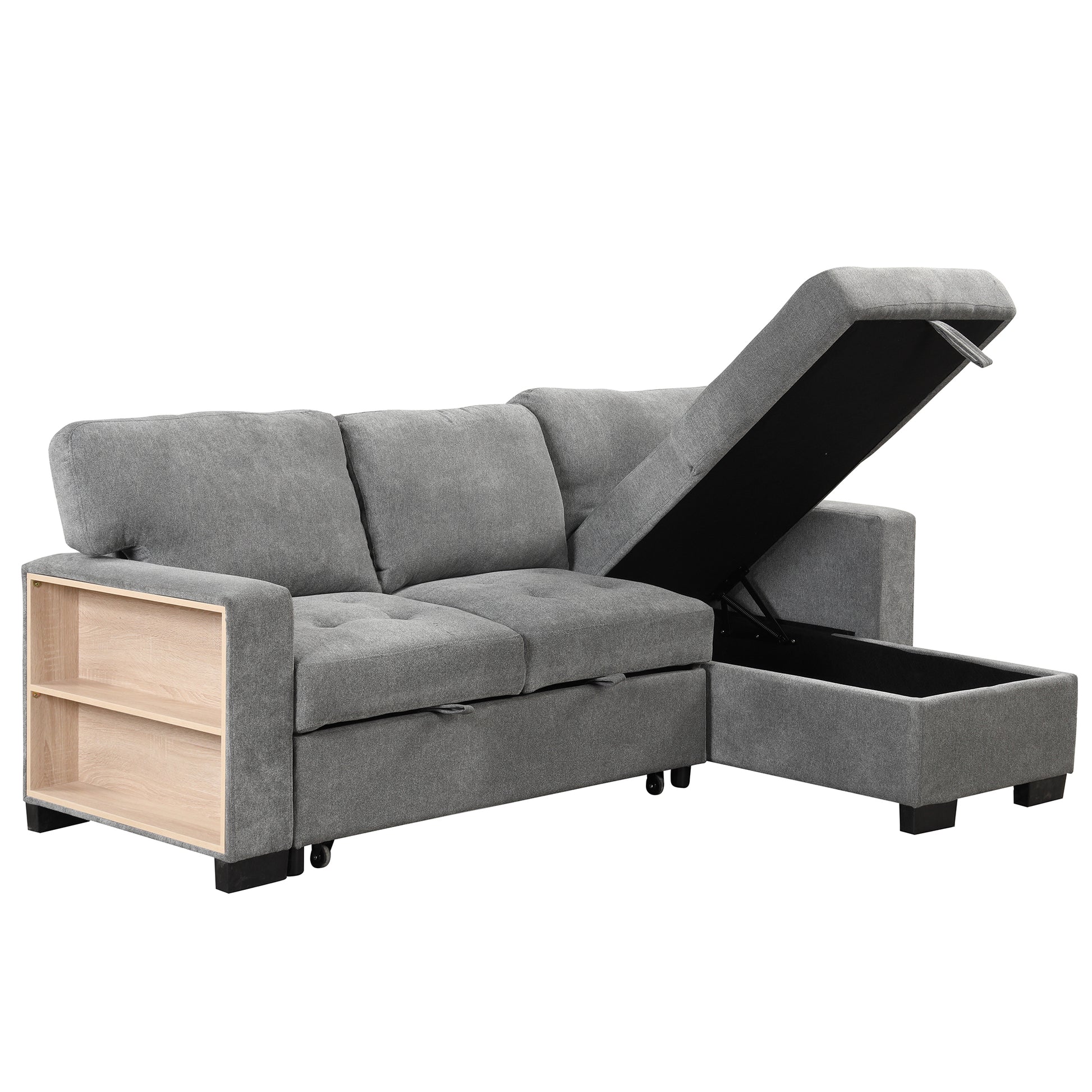 Stylish And Functional Light Chaise Lounge Sectional With Storage Rack Pull Out Bed Drop Down Table And Usb Charger Gray Gray Foam Spring