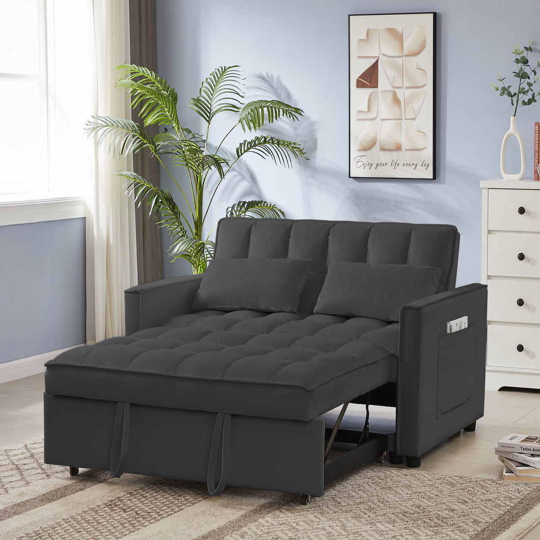 Black Velvet Loveseat Sofa Bed Black Wood Tufted Back Square Arms Foam Velvet 2 Seat