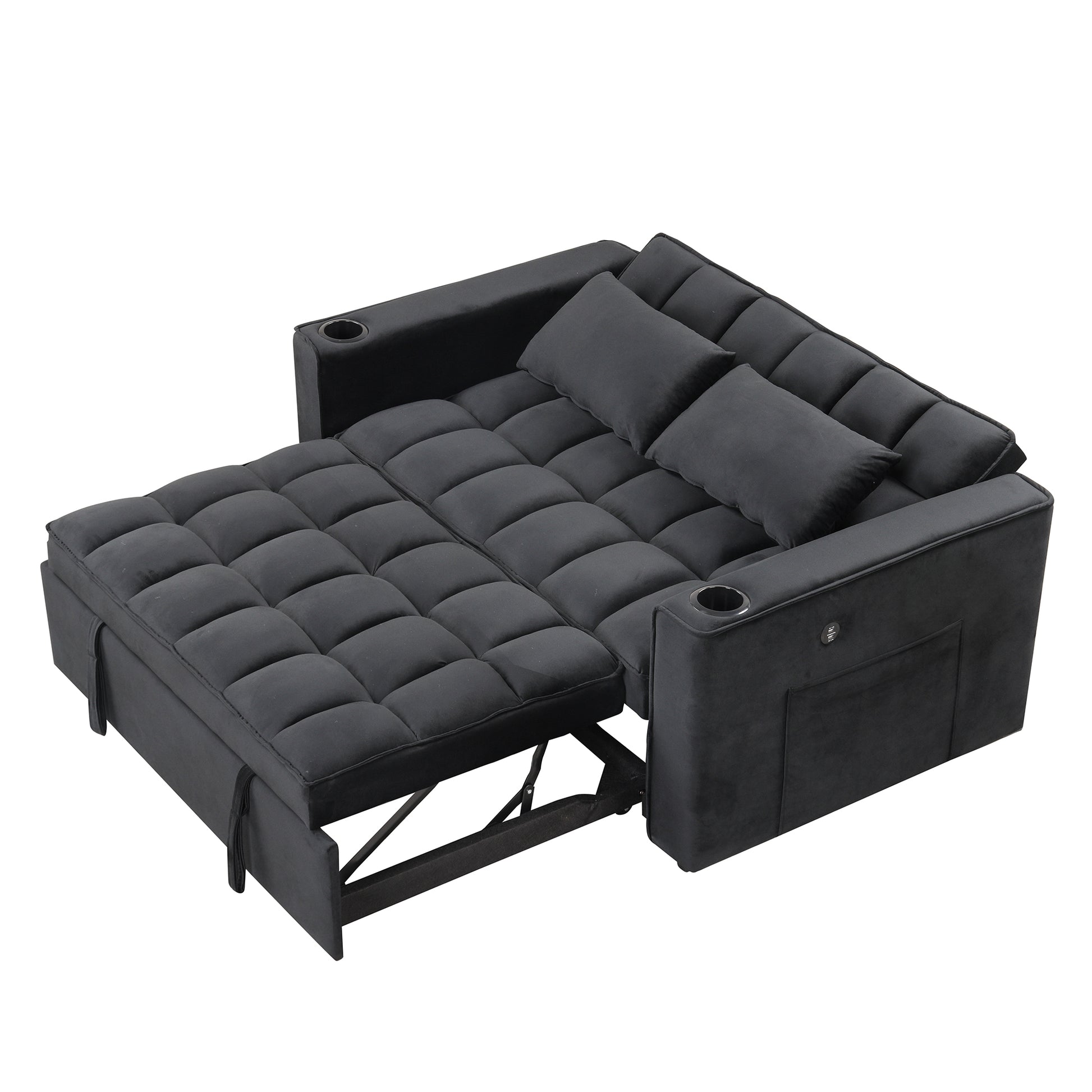 58" 4 1 Multi Functional Sofa Bed With Cup Holder And Usb Port For Living Room Or Apartments Black Black Foam 2 Seat