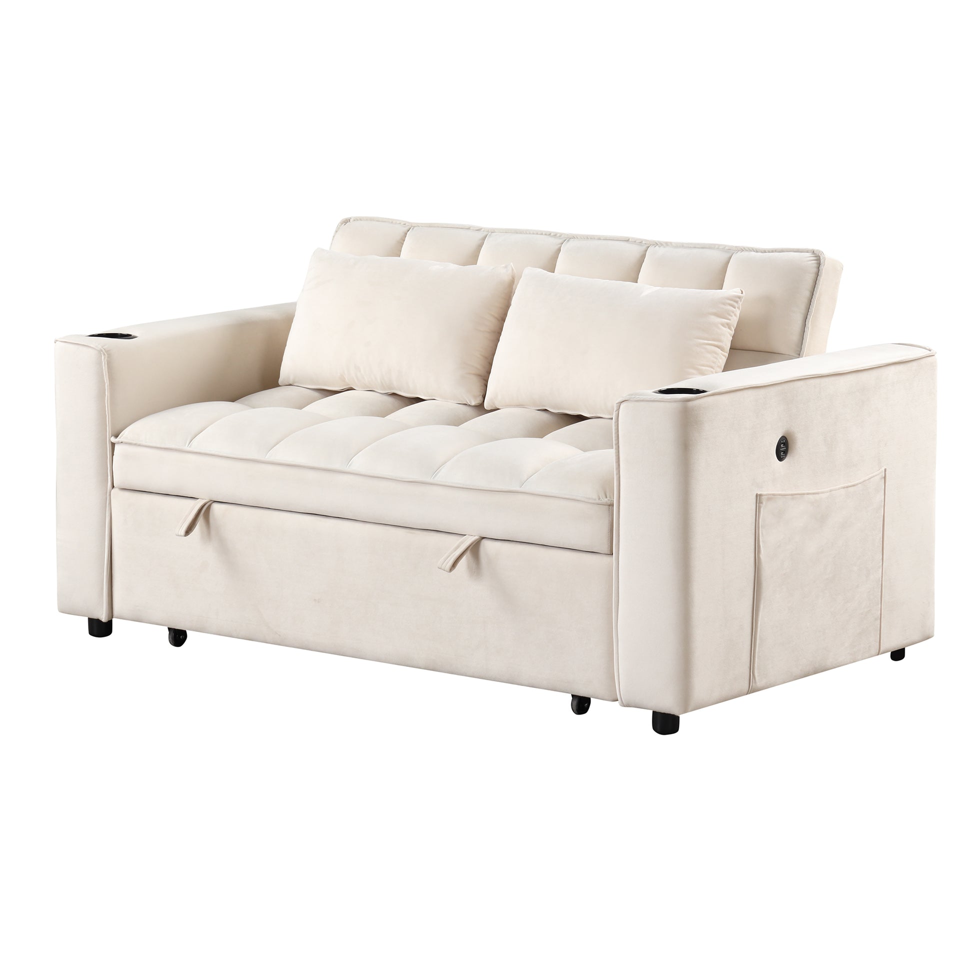 58" 4 1 Multi Functional Sofa Bed With Cup Holder And Usb Port For Living Room Or Apartments Milky White Milk White Foam 2 Seat