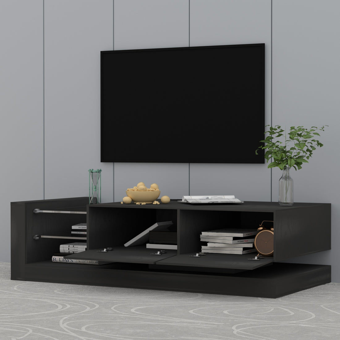 Tv Console With Storage Cabinets, Full Rgb Color 31 Modes Changing Lights Remote Rgb Led Tv Stand, Modern Entertainment Center Black, For 75 Inches Tv Black Primary Living Space 75 Inches Modern 75 Inches Particle Board Particle Board