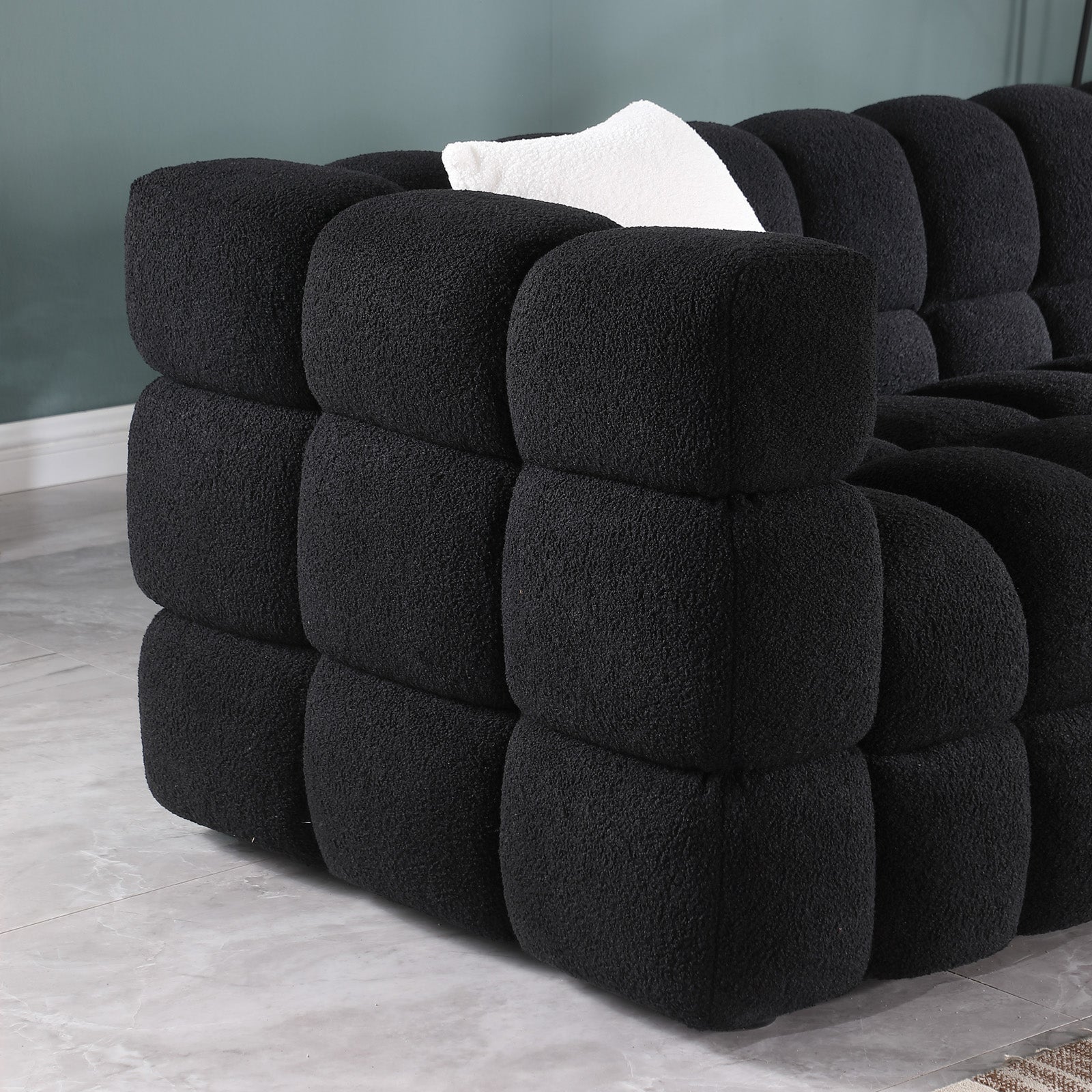 62.2Length ,35.83" Deepth ,Human Body Structure For Usa People, Marshmallow Sofa,Boucle Sofa ,Black Color,32Seater Black Light Brown Wood Primary Living Space Medium Soft Split Back Delicate Duty