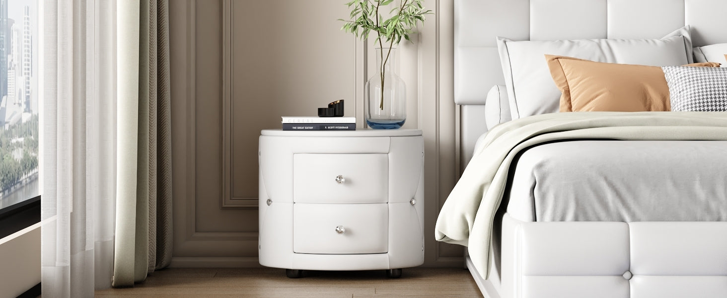 Elegant Pu Nightstand With 2 Drawers And Crystal Handle,Fully Assembled Except Legs&Handles,Storage Bedside Table White White Pu