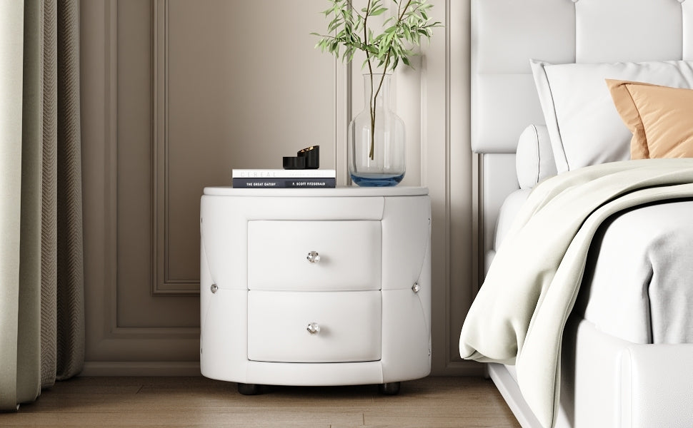 Elegant Pu Nightstand With 2 Drawers And Crystal Handle,Fully Assembled Except Legs&Handles,Storage Bedside Table White White Pu