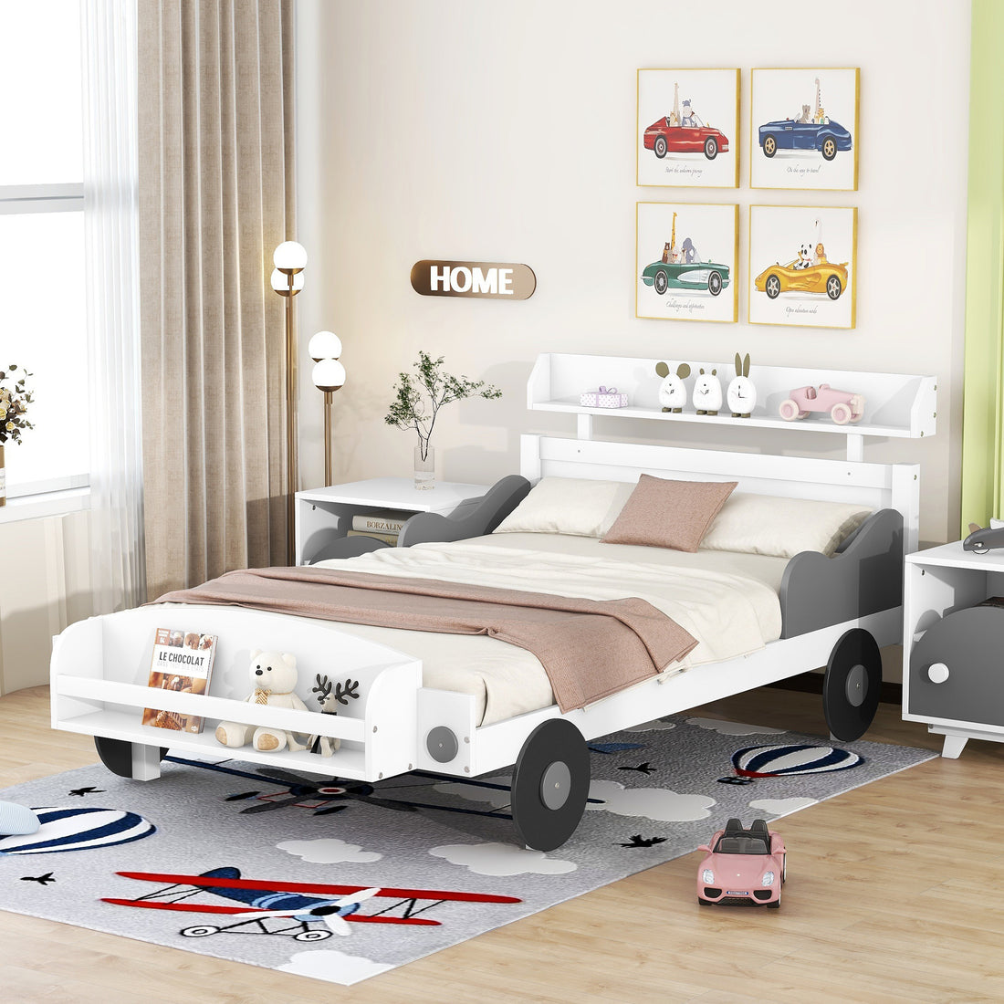 Twin Size Car Shaped Platform Bed,Twin Bed With Storage Shelf For Bedroom,White White Wood