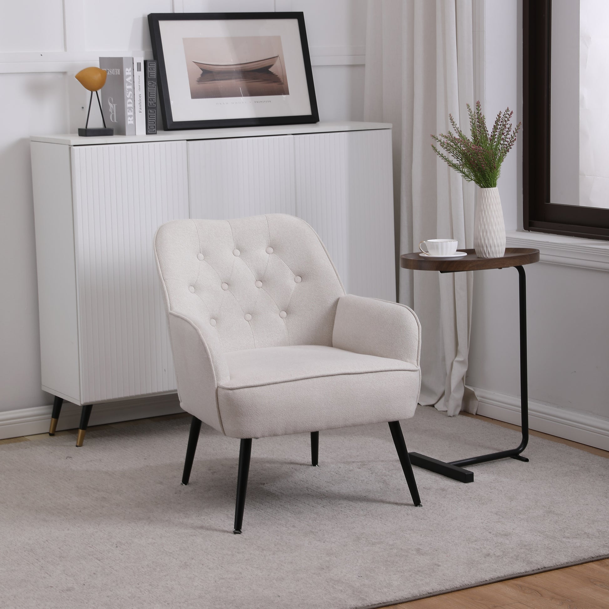 Modern Mid Century Chair Linen Sherpa Armchair For Living Room Bedroom Office Easy Assemble Beige Beige Foam Linen