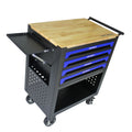 4 Drawers Multifunctional Tool Cart With Wheels And Wooden Top Blue Black Blue Metal