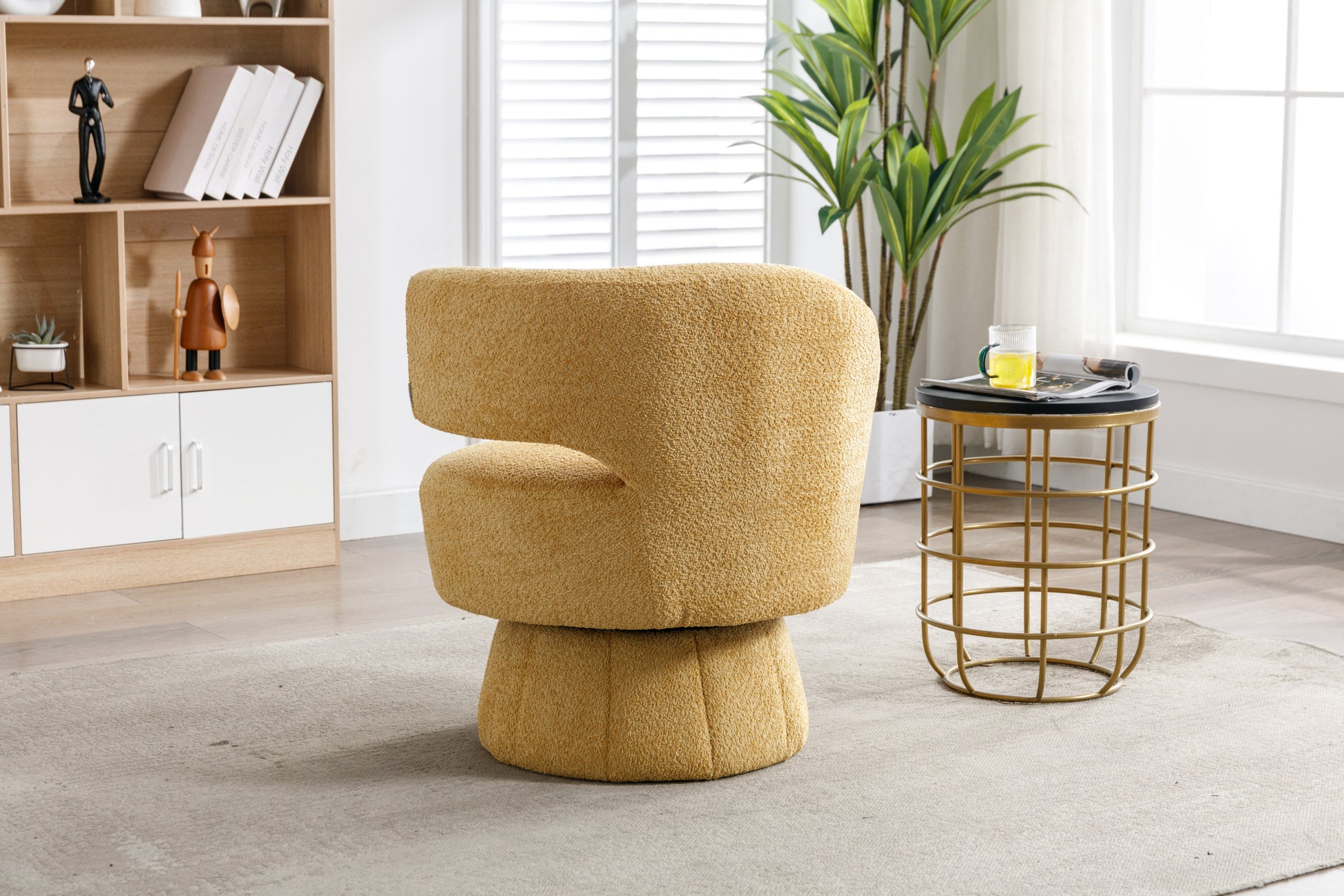 360 Degree Swivel Cuddle Barrel Accent Chairs, Round Armchairs With Wide Upholstered, Fluffy Fabric Chair For Living Room, Bedroom, Office, Waiting Rooms Yellow Foam Boucle
