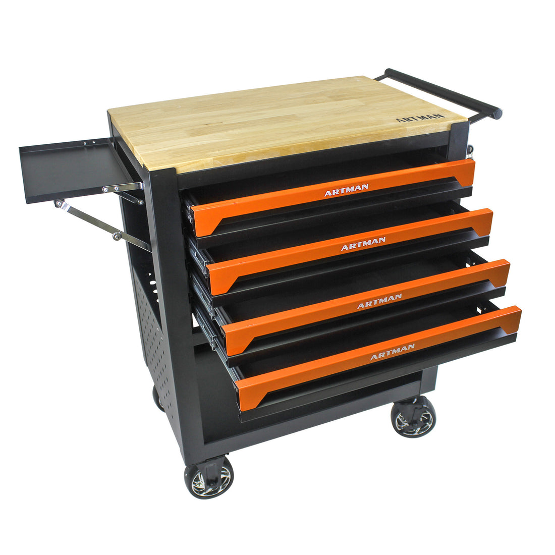 4 Drawers Multifunctional Tool Cart With Wheels And Wooden Top Orange Orange Metal