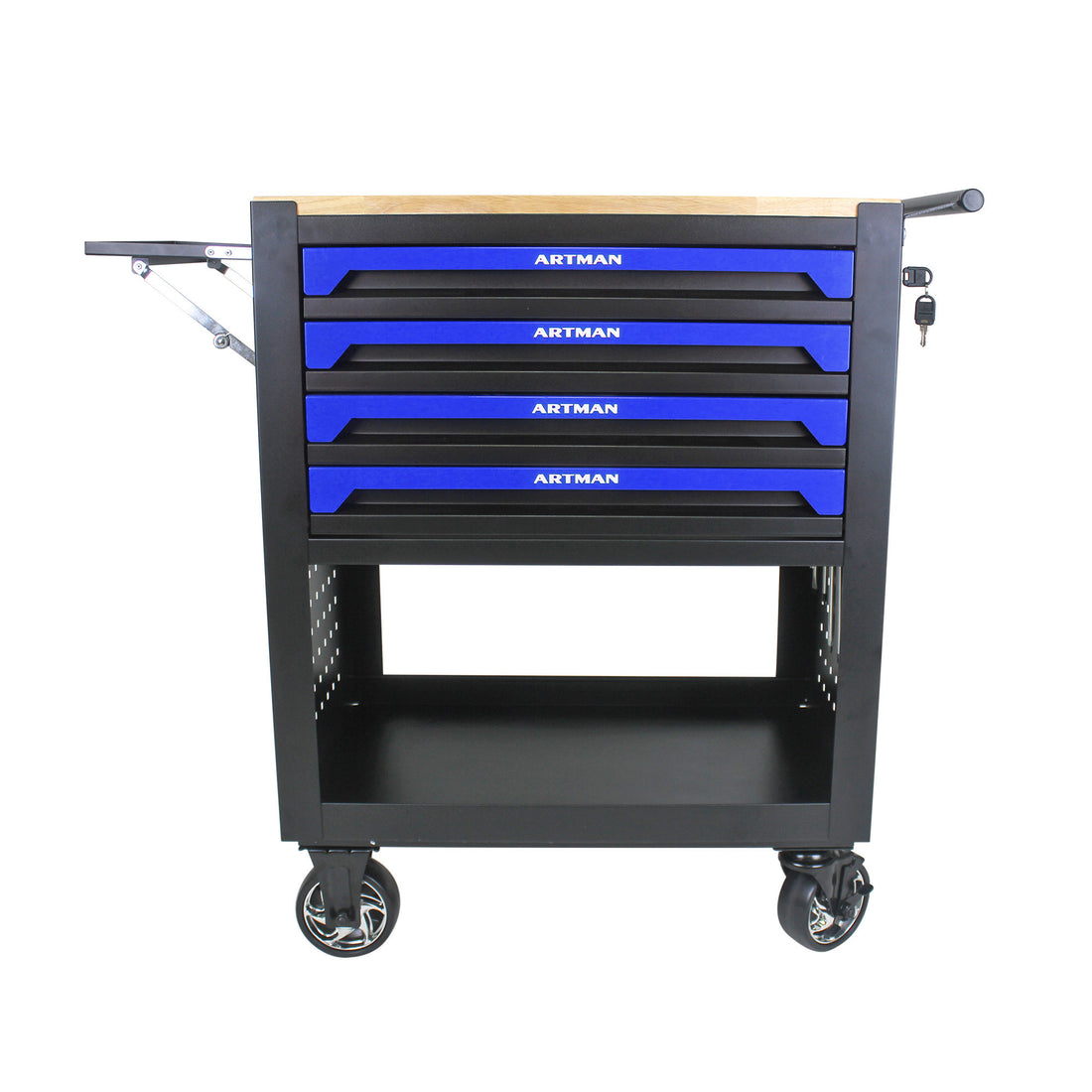 4 Drawers Multifunctional Tool Cart With Wheels And Wooden Top Blue Black Blue Metal