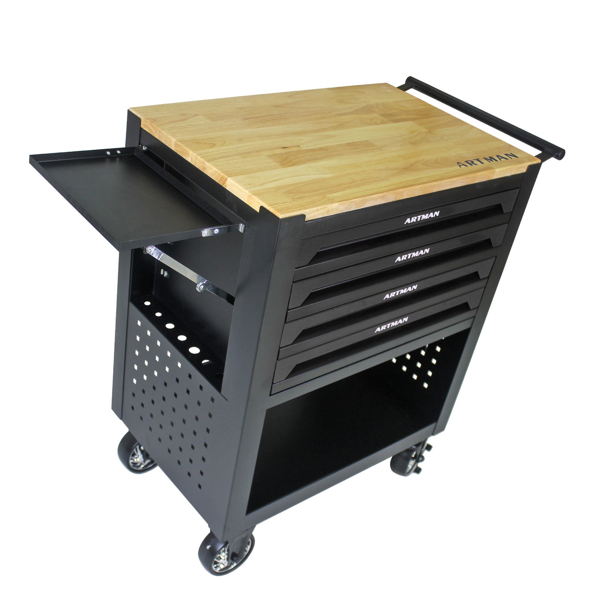 4 Drawers Multifunctional Tool Cart With Wheels And Wooden Top Black Black Metal