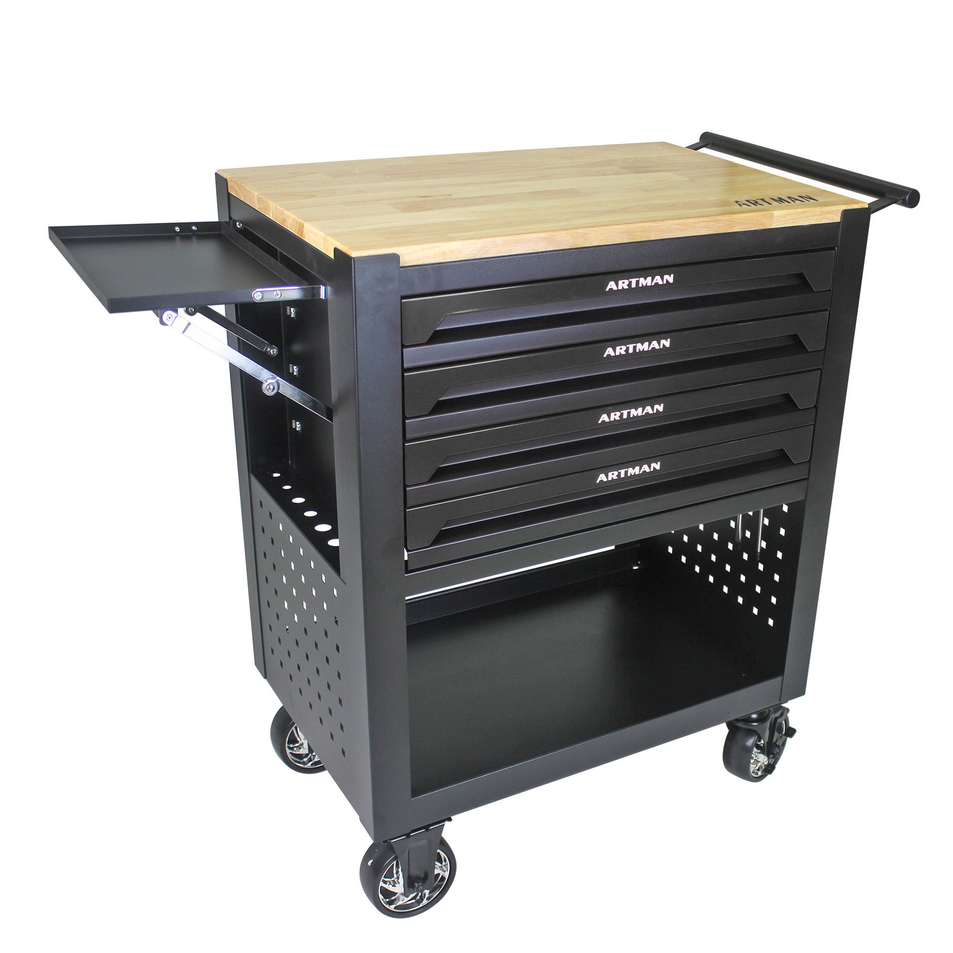 4 Drawers Multifunctional Tool Cart With Wheels And Wooden Top Black Black Metal