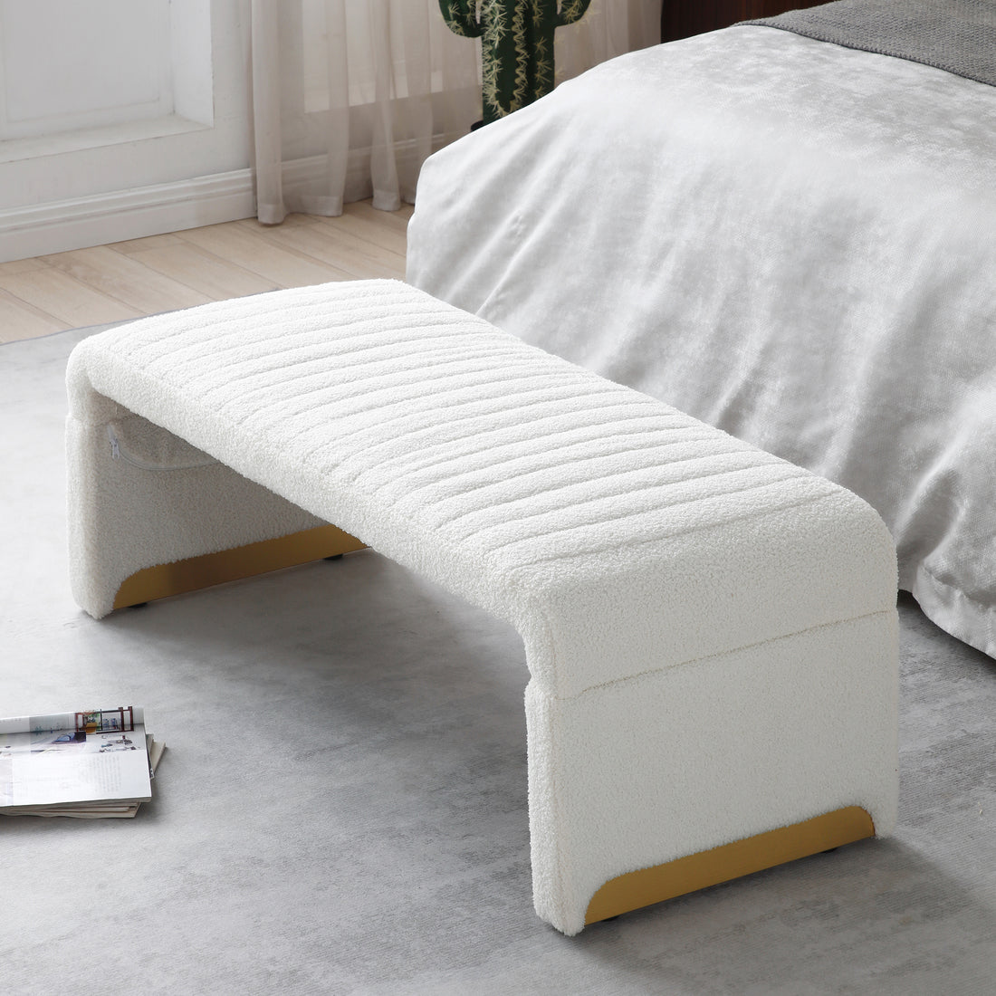 47.24'' Width Modern Ottoman Bench, Upholstered Sherpa Fabric End Of Bed Bench, Shoe Bench Footrest Entryway Bench Coffee Table For Living Room, Bedroom,Beige Beige Polyester