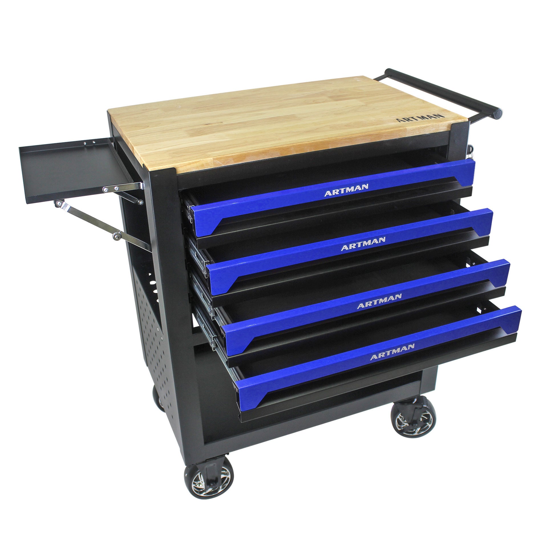 4 Drawers Multifunctional Tool Cart With Wheels And Wooden Top Blue Black Blue Metal