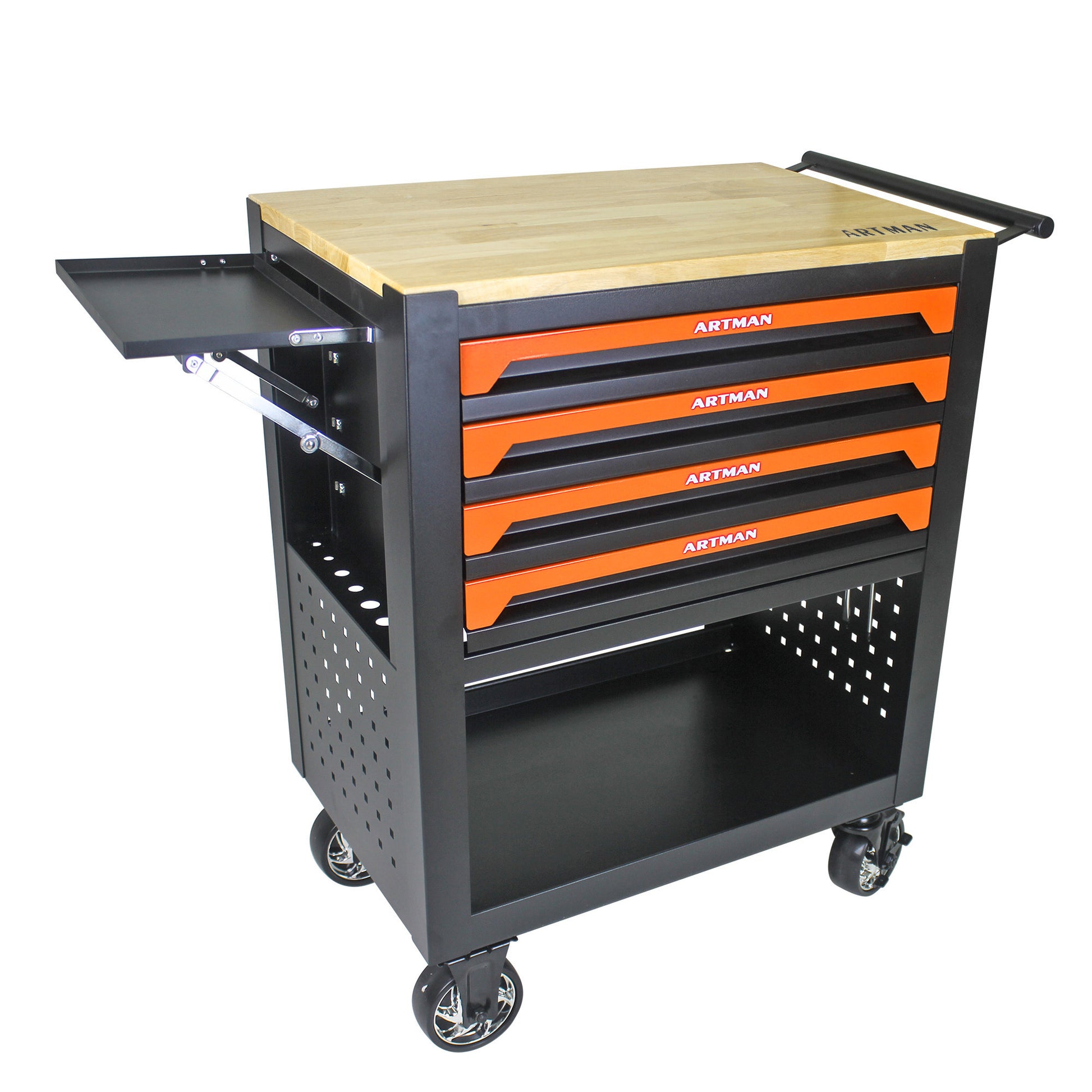 4 Drawers Multifunctional Tool Cart With Wheels And Wooden Top Orange Orange Metal