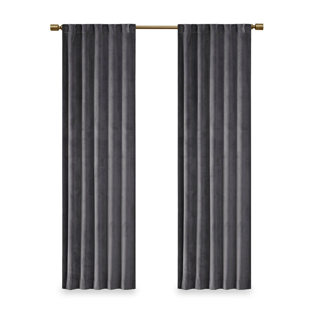 Room Darkening Poly Velvet Rod Pocket Back Tab Curtain Panel Pair 2 Pcs Window Panels Charcoal Polyester