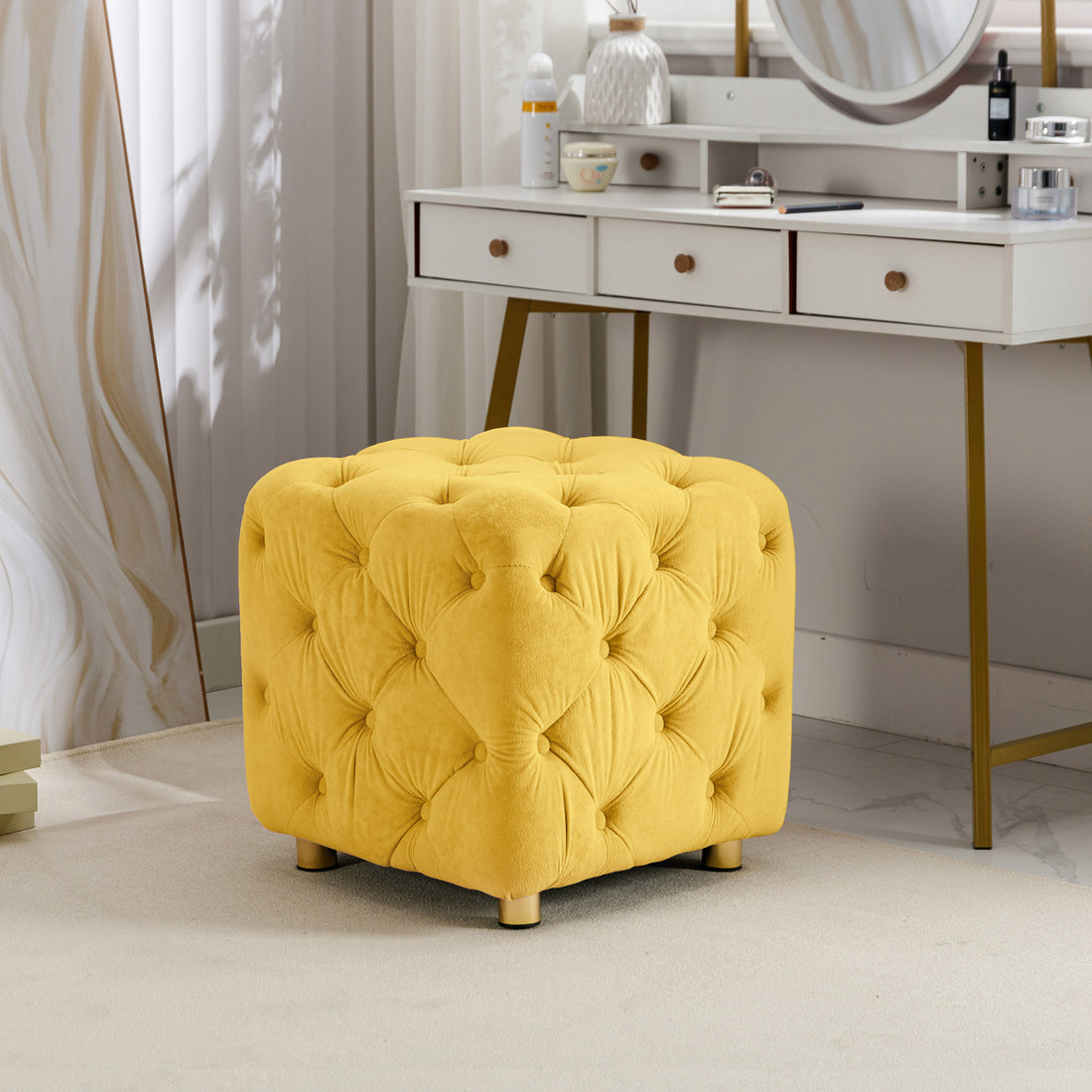 Yellow Modern Velvet Upholstered Ottoman, Exquisite Small End Table, Soft Foot Stool,Dressing Makeup Chair, Comfortable Seat For Living Room, Bedroom, Entrance Yellow Velvet