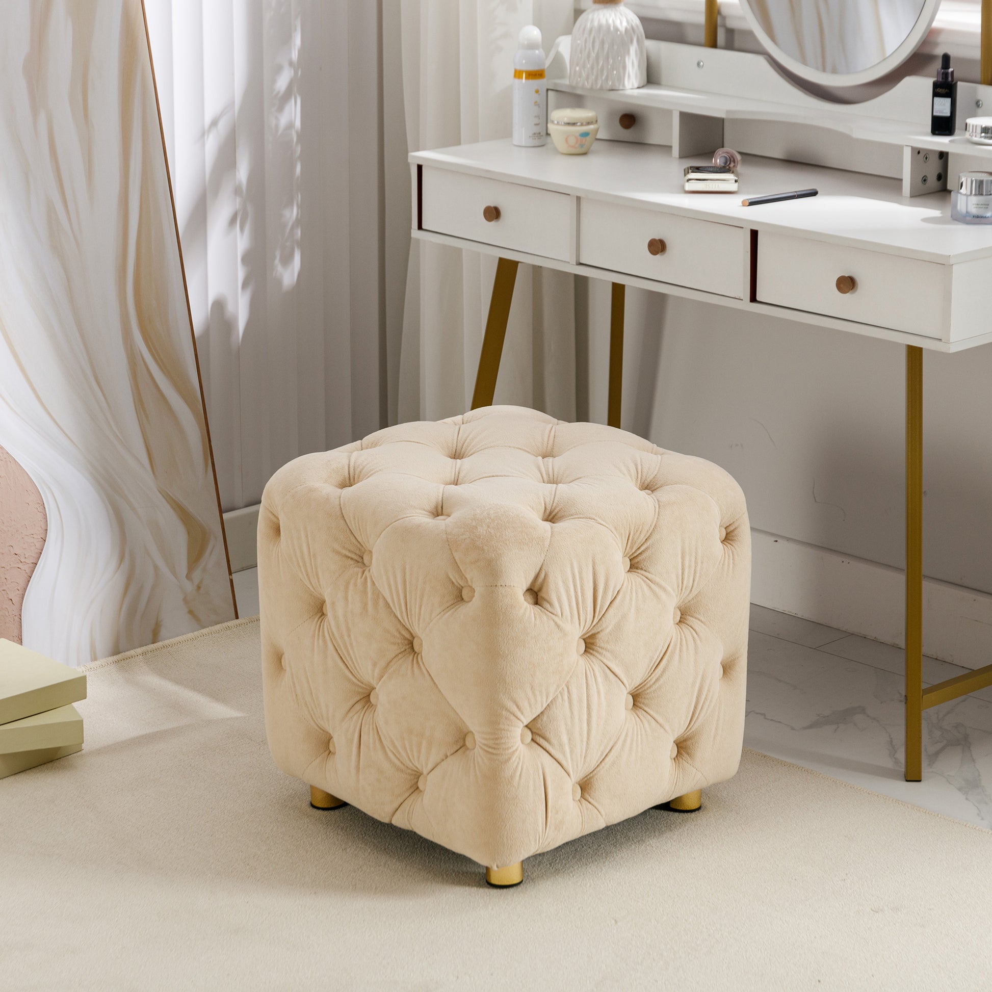 Beige Modern Velvet Upholstered Ottoman, Exquisite Small End Table, Soft Foot Stool,Dressing Makeup Chair, Comfortable Seat For Living Room, Bedroom, Entrance Beige Velvet