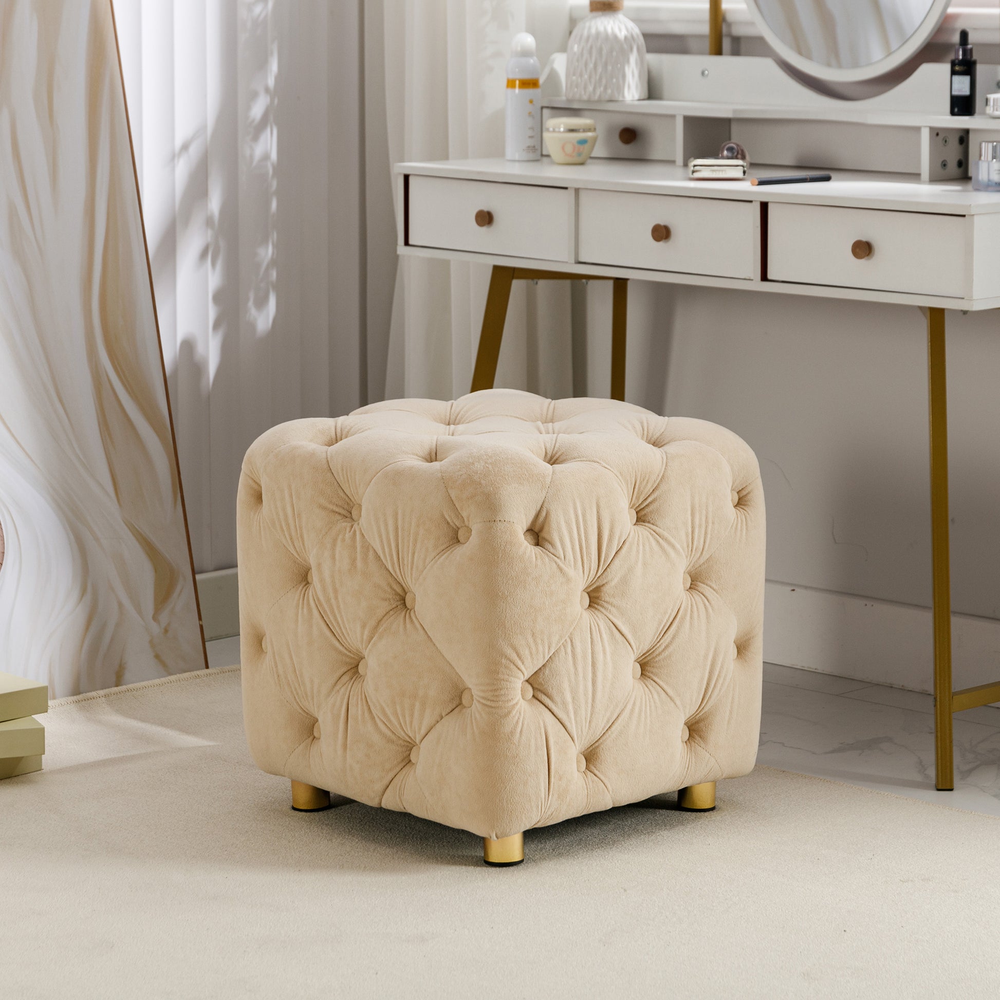 Beige Modern Velvet Upholstered Ottoman, Exquisite Small End Table, Soft Foot Stool,Dressing Makeup Chair, Comfortable Seat For Living Room, Bedroom, Entrance Beige Velvet