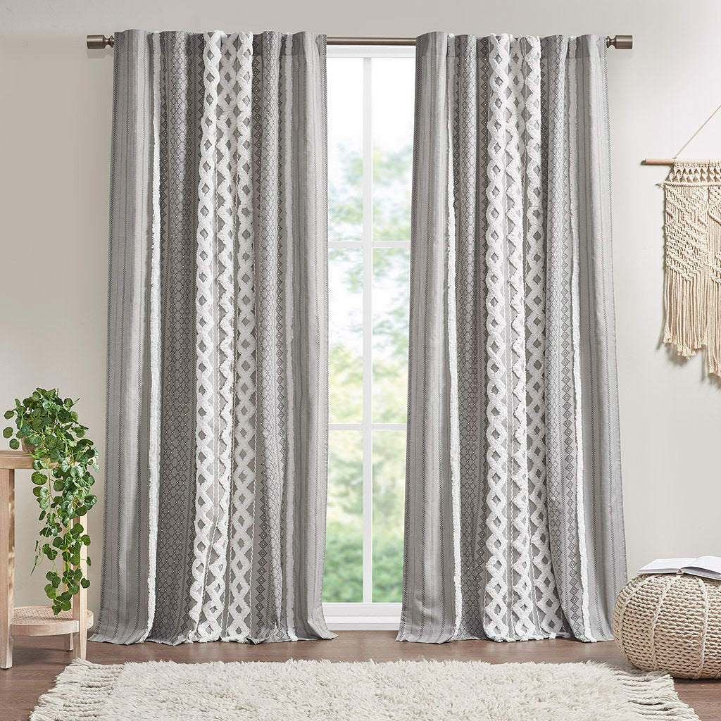 Cotton Printed Curtain Panel With Chenille Stripe And Lining Only 1 Pc Panel Gray Cotton