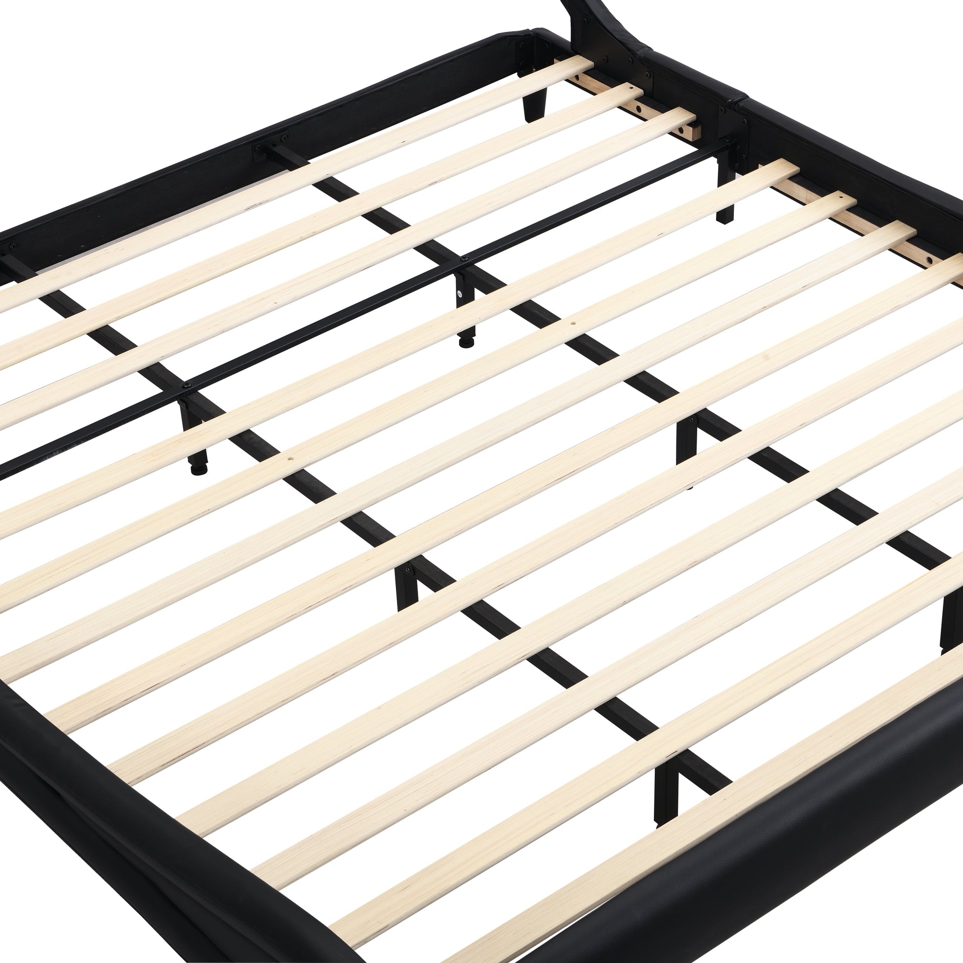 Modern Upholstered Platform Bed Frame With Led Lights Headboard, Faux Leather Wave Like Platform Bed Frame,Strong Wood Slats Support, Easy Assembly, Black, King Size Black Metal & Wood