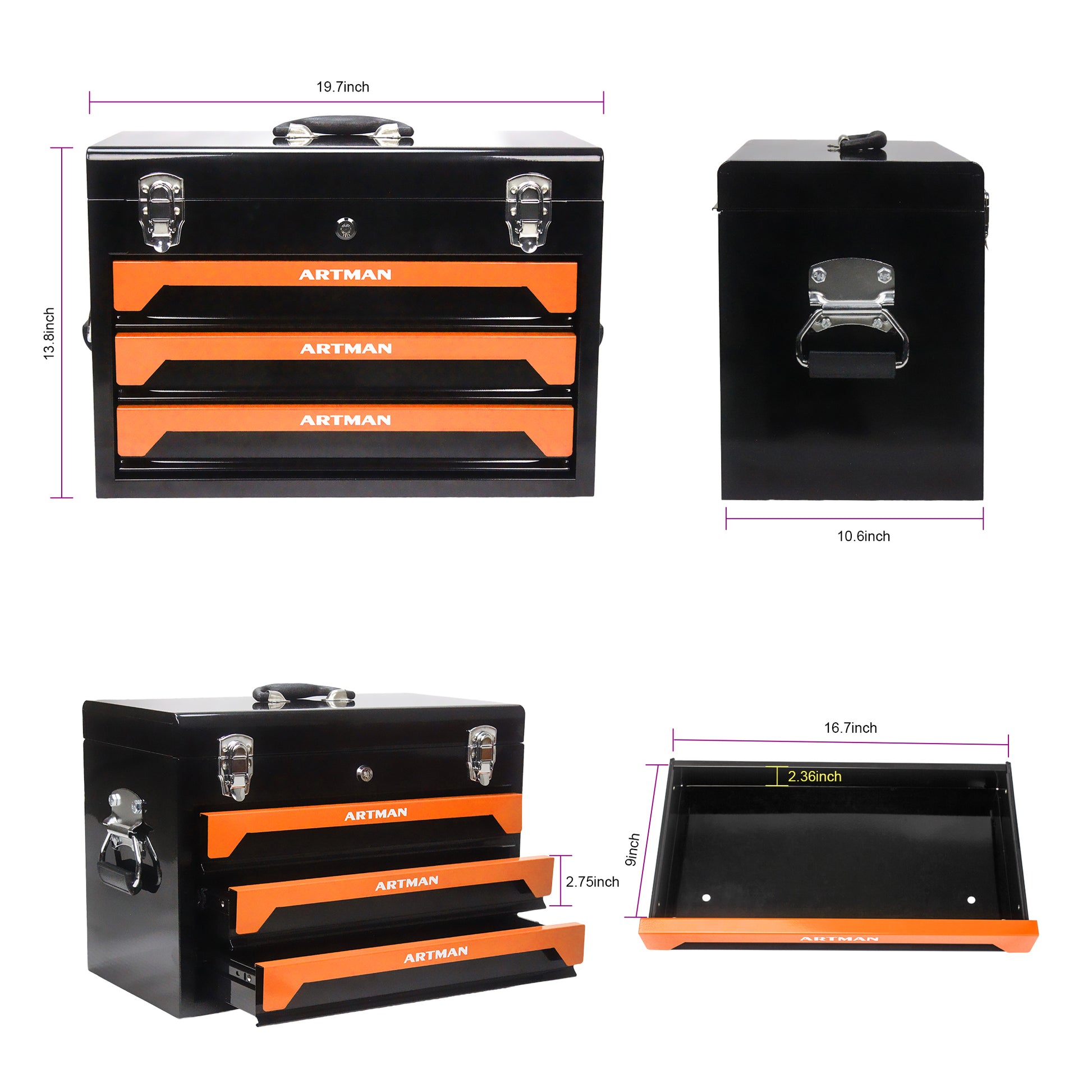 3 Drawers Tool Box With Tool Set Orange Black Orange Steel