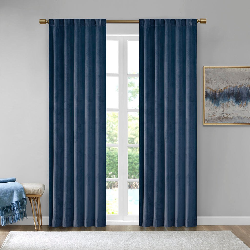 Room Darkening Poly Velvet Rod Pocket Back Tab Curtain Panel Pair 2 Pcs Window Panels Navy Polyester