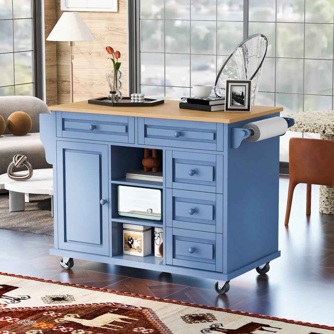 Kitchen Cart With Rubber Wood Desktop Rolling Mobile Kitchen Island With Storage And 5 Draws 53 Inch Length Blue Blue Mdf