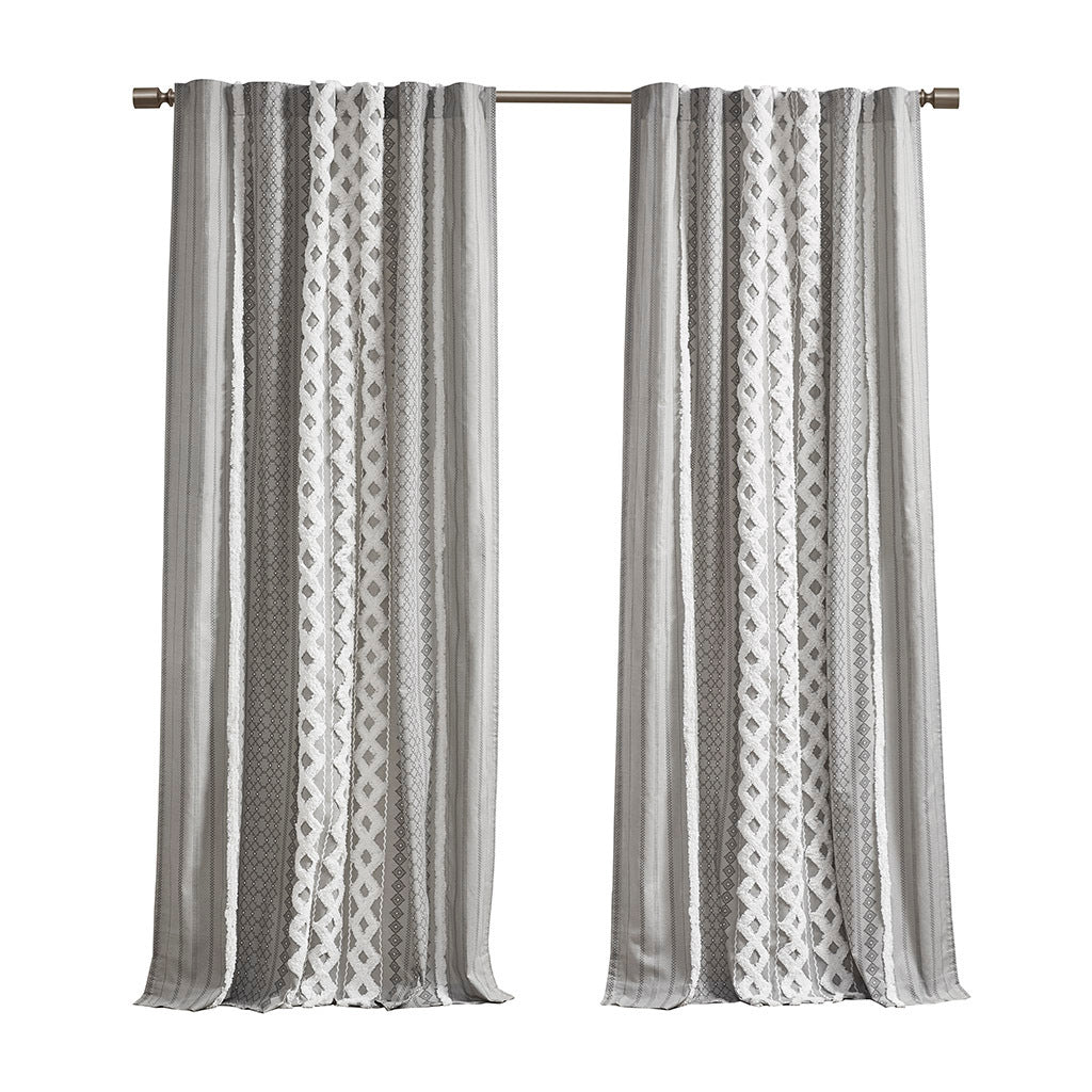 Cotton Printed Curtain Panel With Chenille Stripe And Lining Gray Cotton