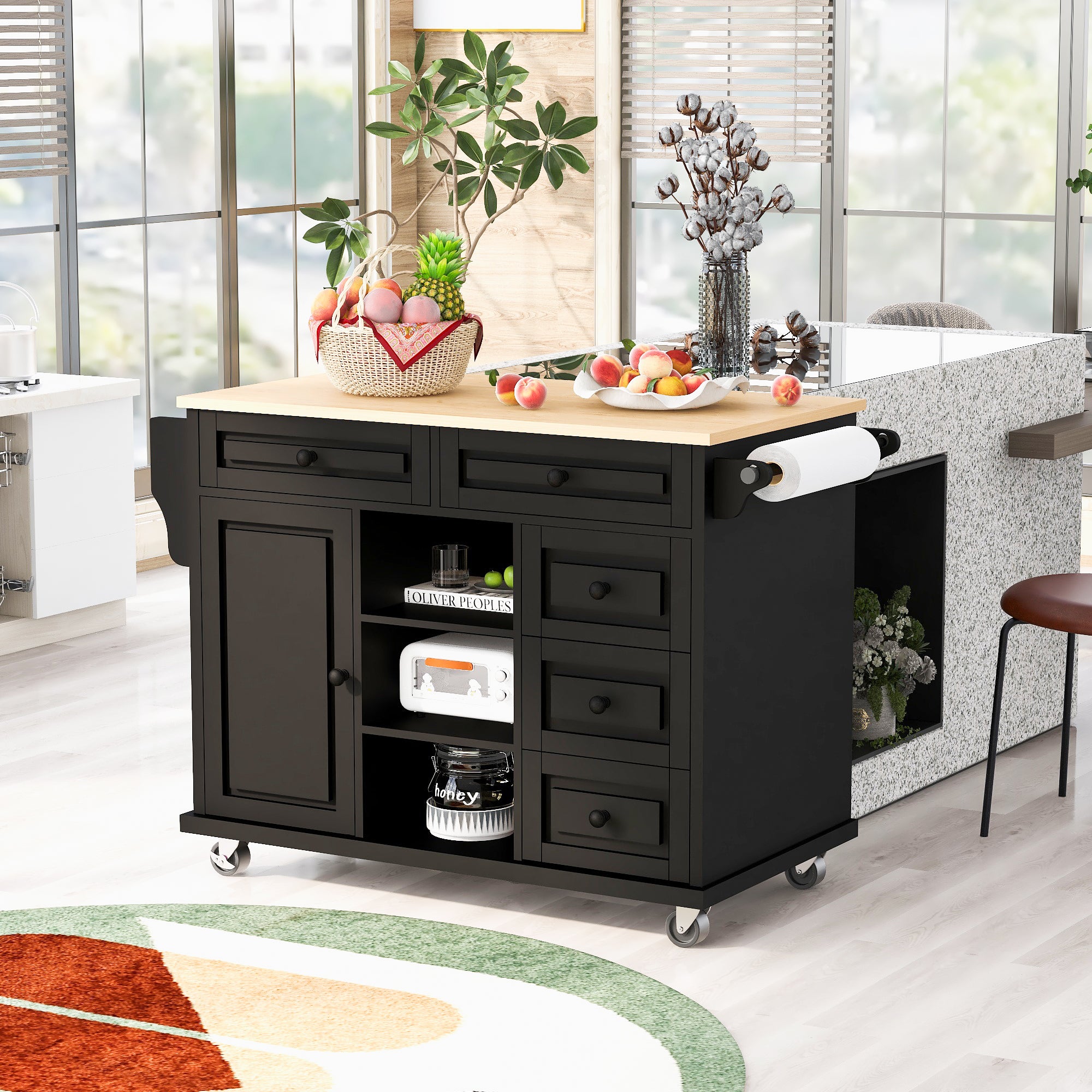 Kitchen Cart With Rubber Wood Desktop Rolling Mobile Kitchen Island With Storage And 5 Draws 53 Inch Length Black Black Mdf