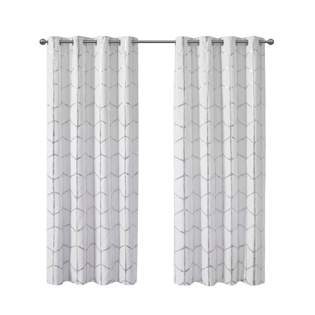 Total Blackout Metallic Print Grommet Top Curtain Panel Only 1 Pc Panel White Silver Polyester