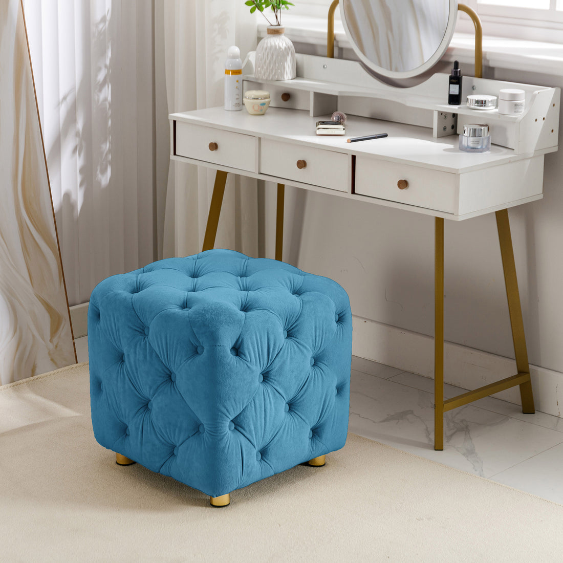 Blue Modern Velvet Upholstered Ottoman, Exquisite Small End Table, Soft Foot Stool,Dressing Makeup Chair, Comfortable Seat For Living Room, Bedroom, Entrance Blue Velvet