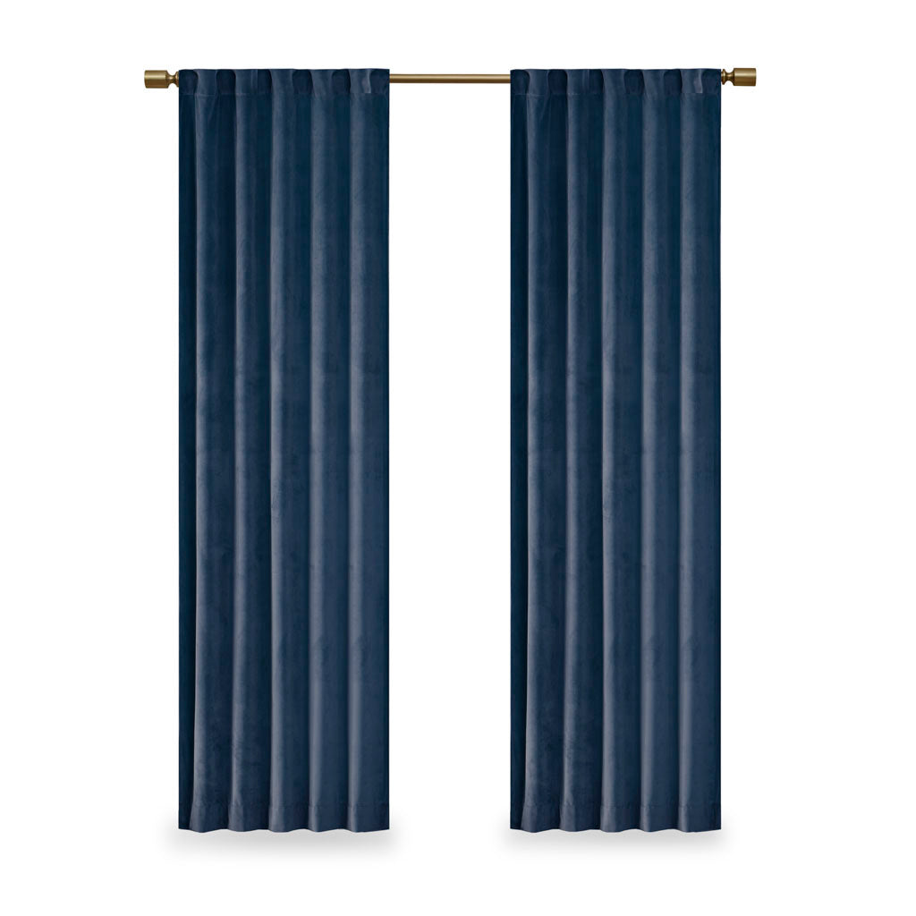 Room Darkening Poly Velvet Rod Pocket Back Tab Curtain Panel Pair 2 Pcs Window Panels Navy Polyester