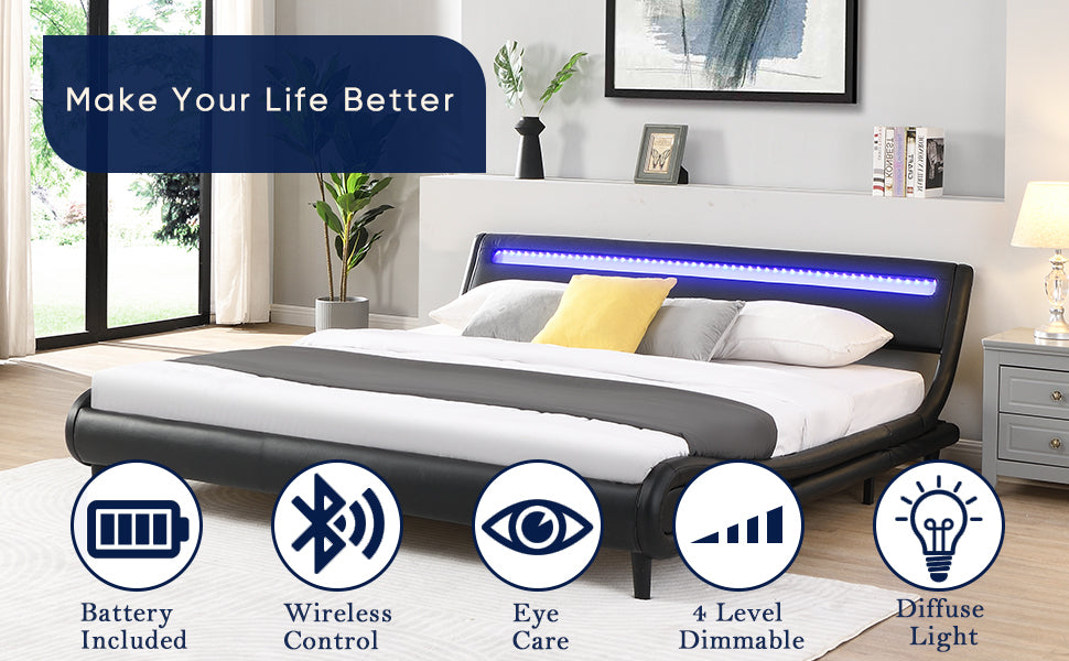 Modern Upholstered Platform Bed Frame With Led Lights Headboard, Faux Leather Wave Like Platform Bed Frame,Strong Wood Slats Support, Easy Assembly, Black, King Size Black Metal & Wood