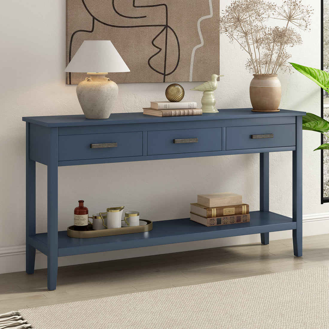 Contemporary 3 Drawer Console Table With 1 Shelf, Entrance Table For Entryway, Hallway, Living Room, Foyer, Corridor Navy Blue Primary Living Space American Design Mdf