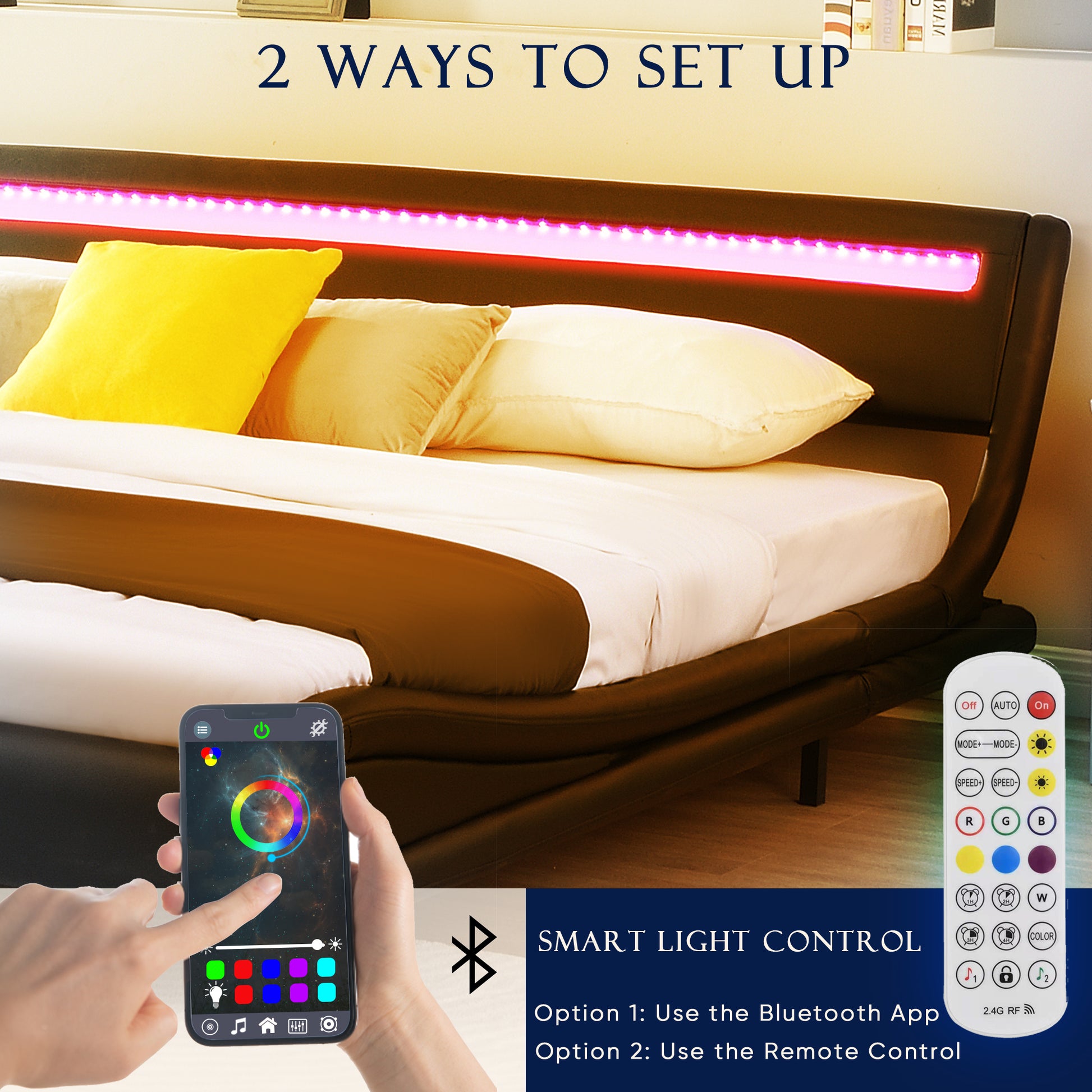 Modern Upholstered Platform Bed Frame With Led Lights Headboard, Faux Leather Wave Like Platform Bed Frame,Strong Wood Slats Support, Easy Assembly, Black, King Size Black Metal & Wood