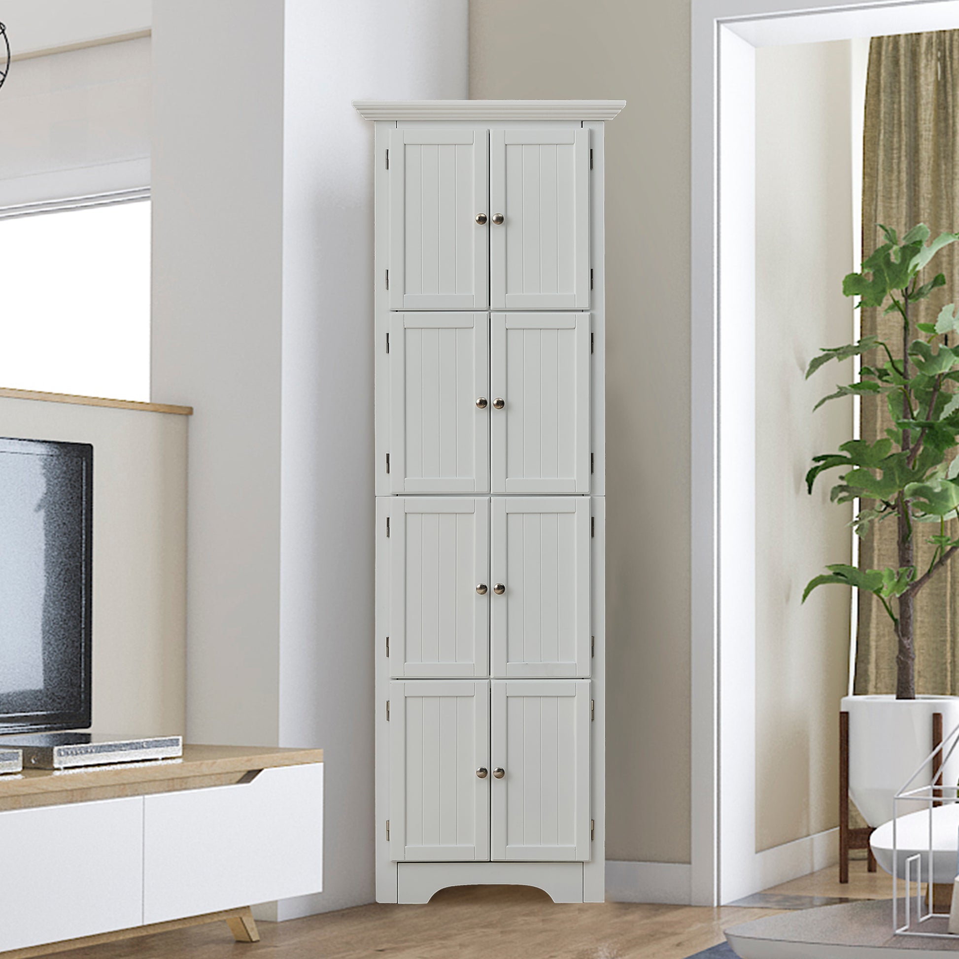 Tall Storage Cabinet With Doors And 4 Shelves For Living Room, Kitchen, Office, Bedroom, Bathroom, Modern, White White Mdf