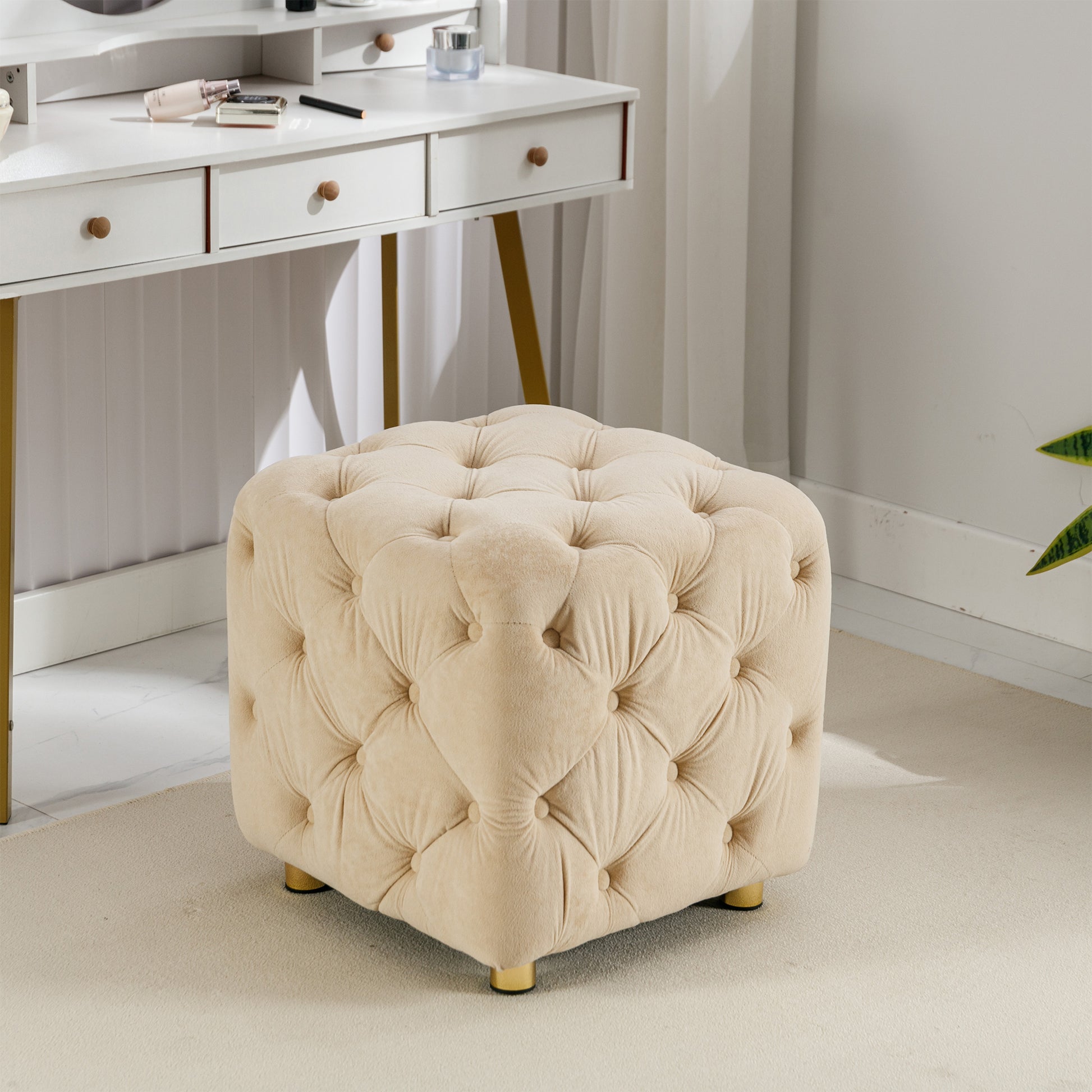 Beige Modern Velvet Upholstered Ottoman, Exquisite Small End Table, Soft Foot Stool,Dressing Makeup Chair, Comfortable Seat For Living Room, Bedroom, Entrance Beige Velvet