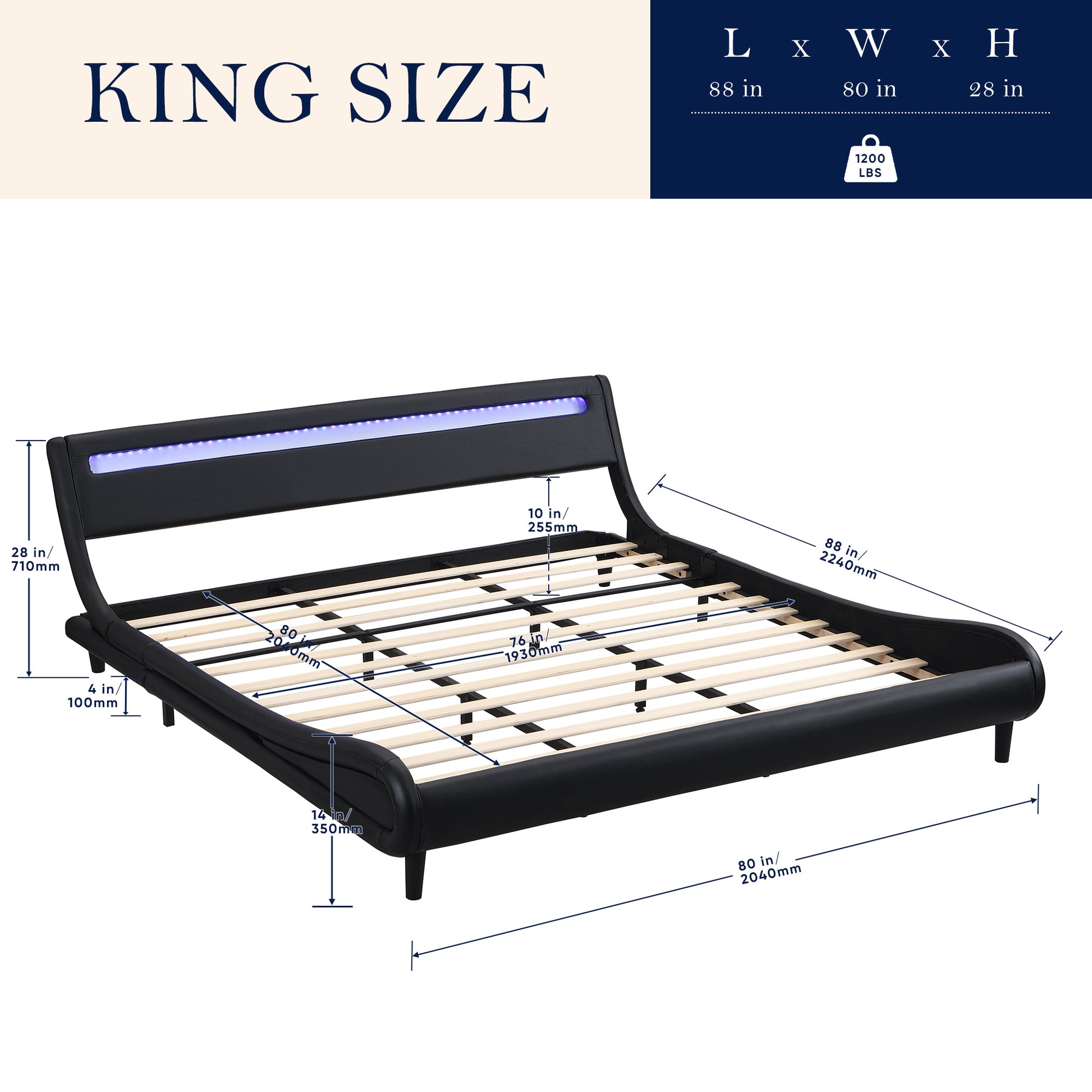 Modern Upholstered Platform Bed Frame With Led Lights Headboard, Faux Leather Wave Like Platform Bed Frame,Strong Wood Slats Support, Easy Assembly, Black, King Size Black Metal & Wood