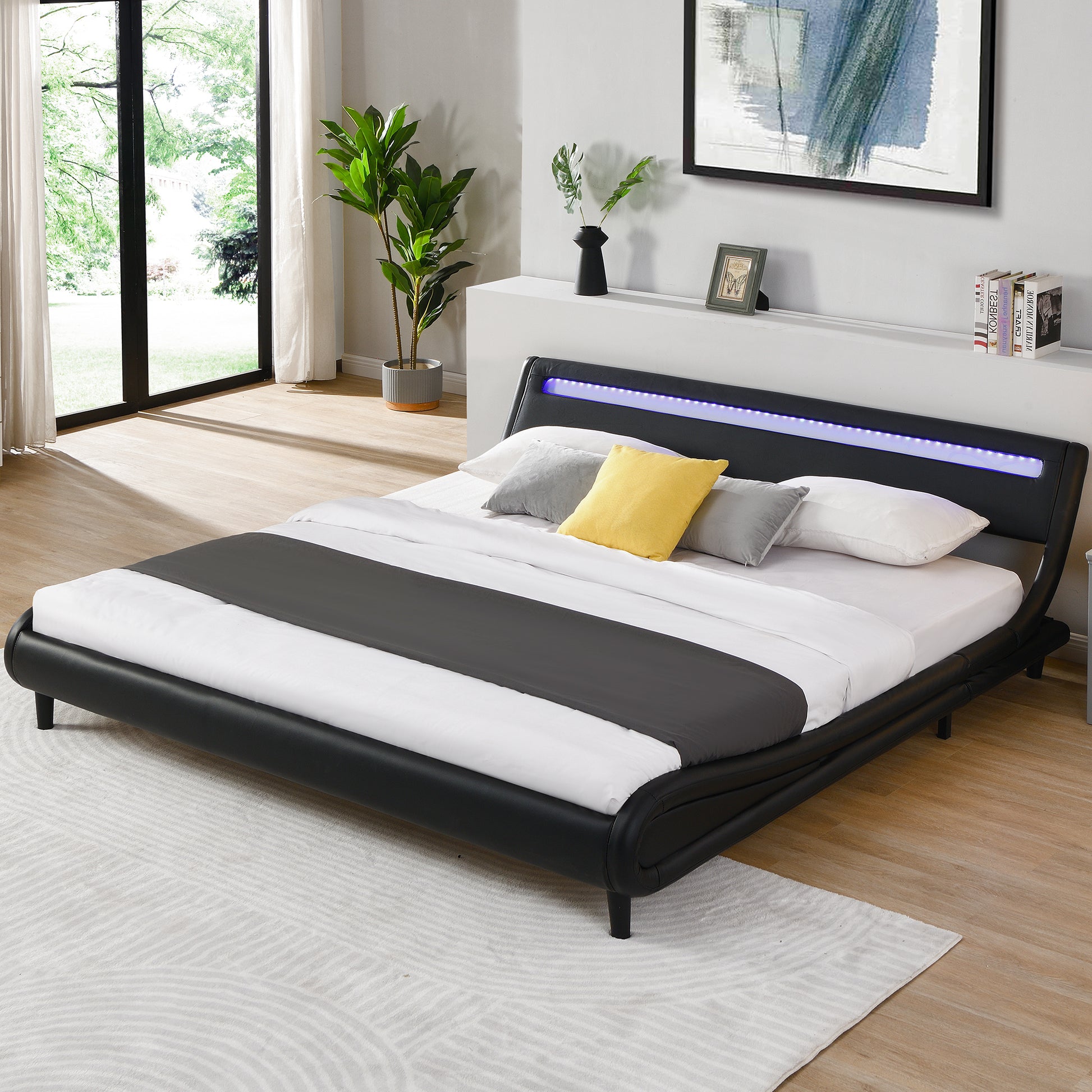 Modern Upholstered Platform Bed Frame With Led Lights Headboard, Faux Leather Wave Like Platform Bed Frame,Strong Wood Slats Support, Easy Assembly, Black, King Size Black Metal & Wood