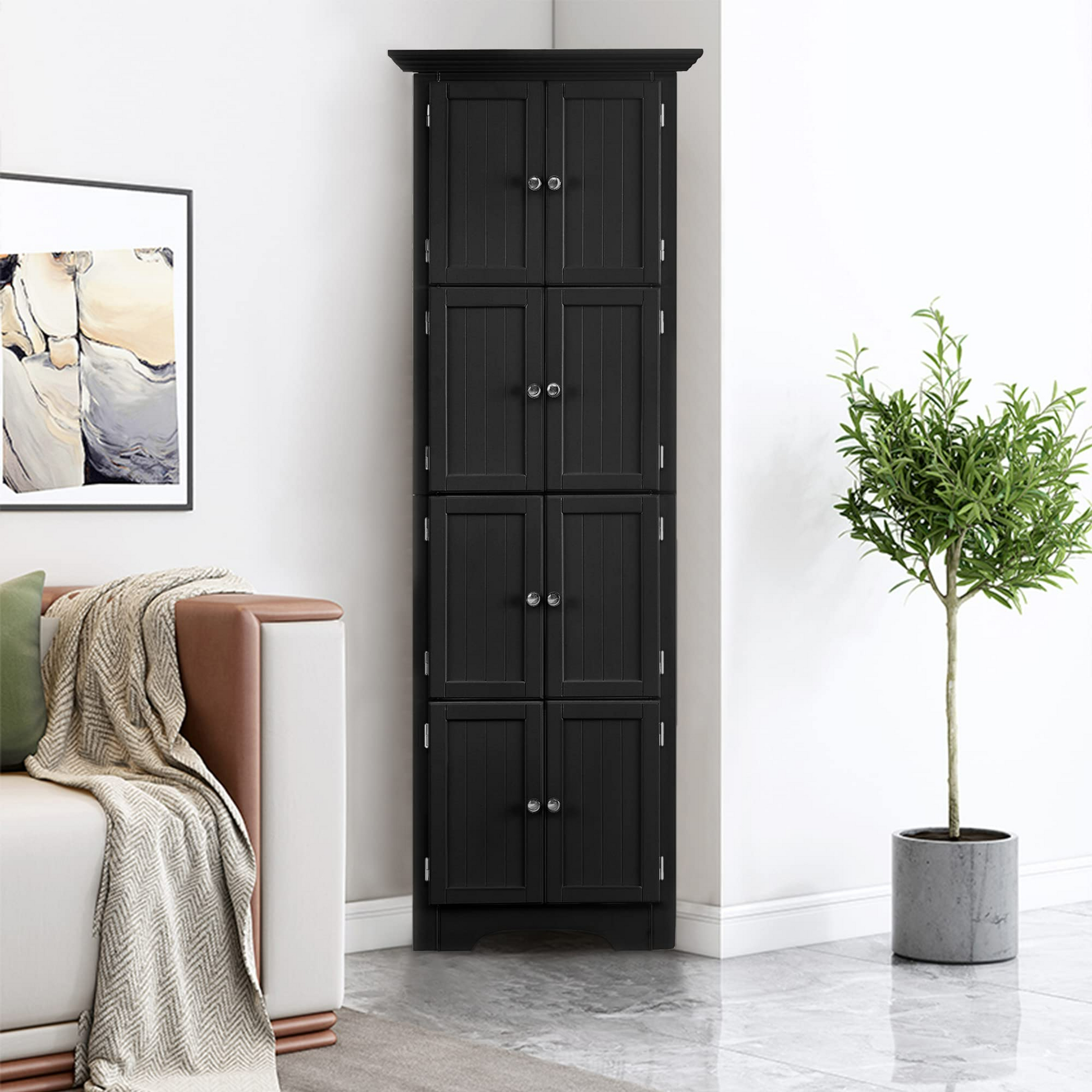 Tall Storage Cabinet With Doors And 4 Shelves For Living Room, Kitchen, Office, Bedroom, Bathroom, Modern, Black Black Mdf
