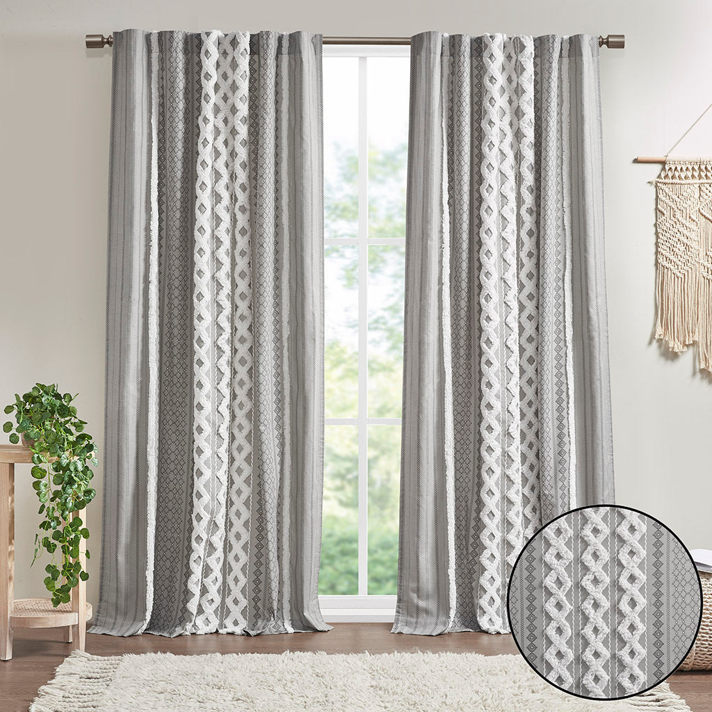 Cotton Printed Curtain Panel With Chenille Stripe And Lining Gray Cotton