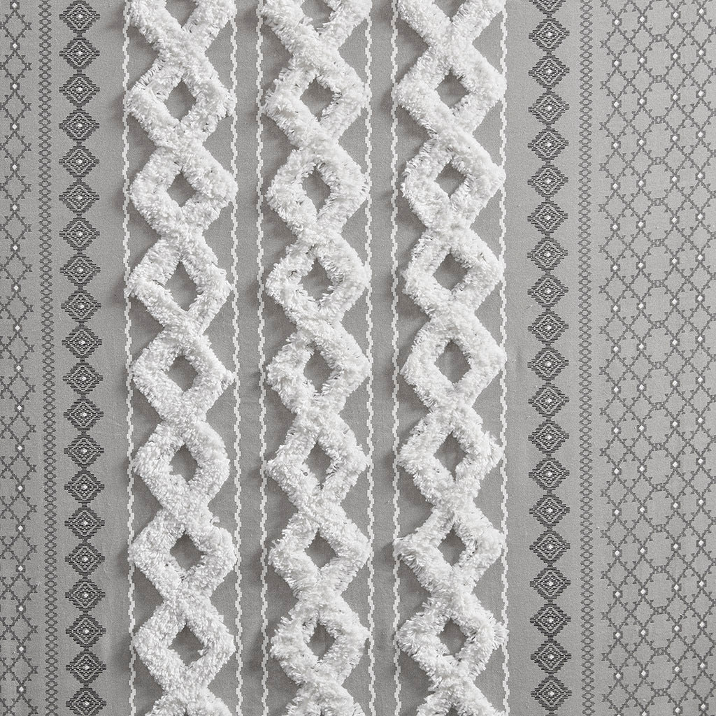 Cotton Printed Curtain Panel With Chenille Stripe And Lining Gray Cotton