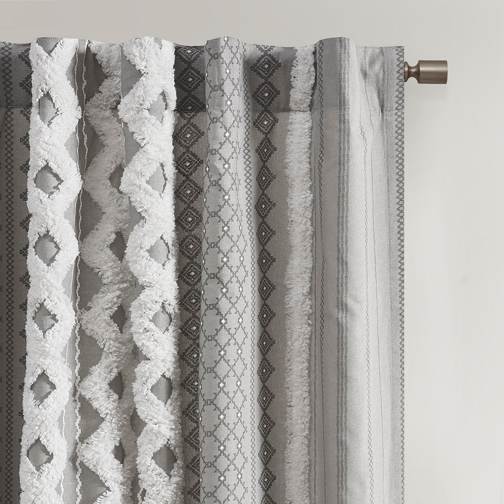 Cotton Printed Curtain Panel With Chenille Stripe And Lining Gray Cotton