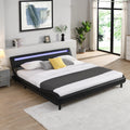 Modern Upholstered Platform Bed Frame With Led Lights Headboard, Faux Leather Wave Like Platform Bed Frame,Strong Wood Slats Support, Easy Assembly, Black, King Size Black Metal & Wood