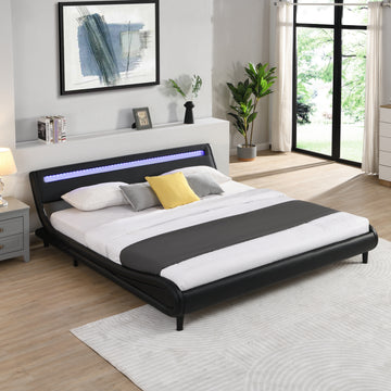 Modern Upholstered Platform Bed Frame With Led Lights Headboard, Faux Leather Wave Like Platform Bed Frame,Strong Wood Slats Support, Easy Assembly, Black, King Size Black Metal & Wood