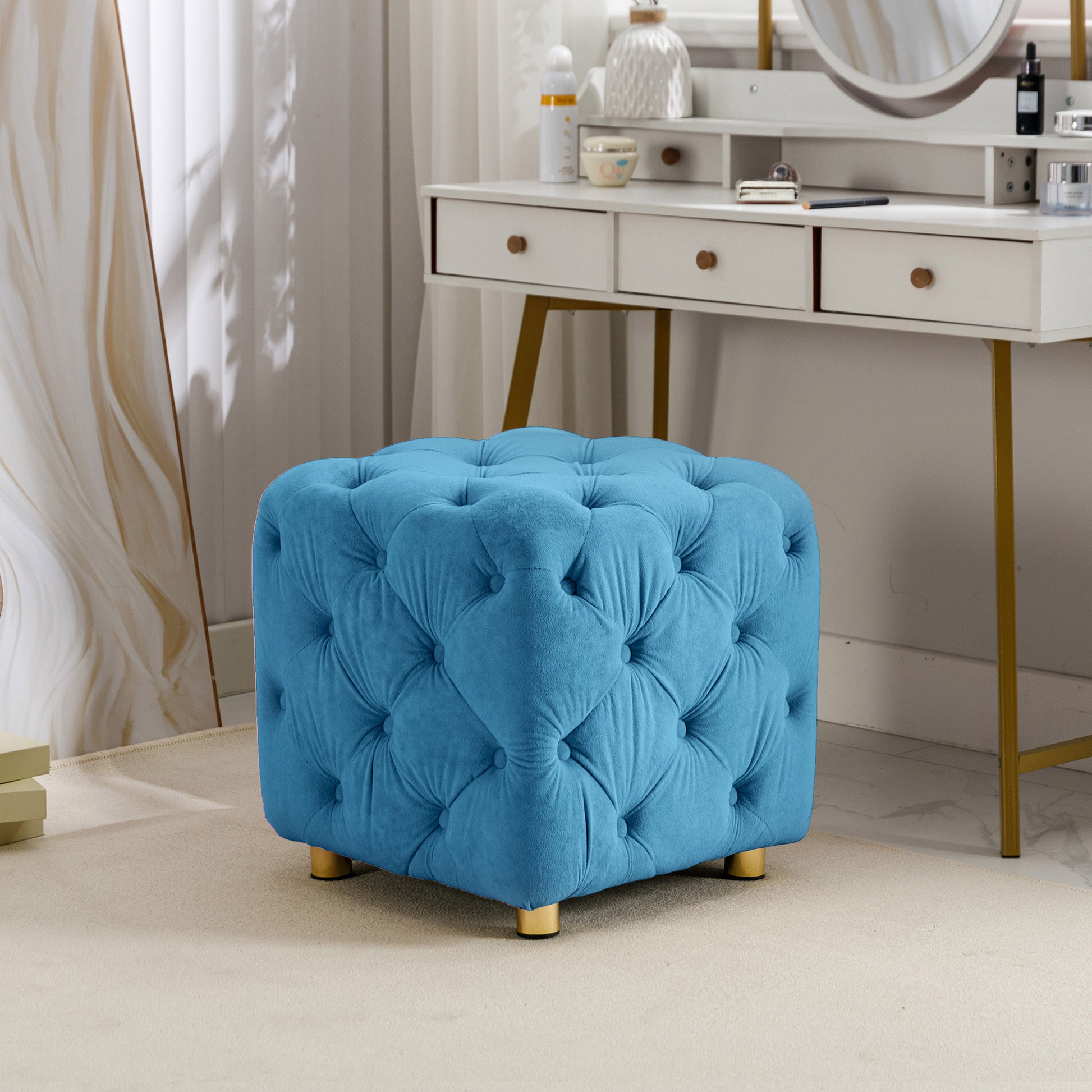 Blue Modern Velvet Upholstered Ottoman, Exquisite Small End Table, Soft Foot Stool,Dressing Makeup Chair, Comfortable Seat For Living Room, Bedroom, Entrance Blue Velvet